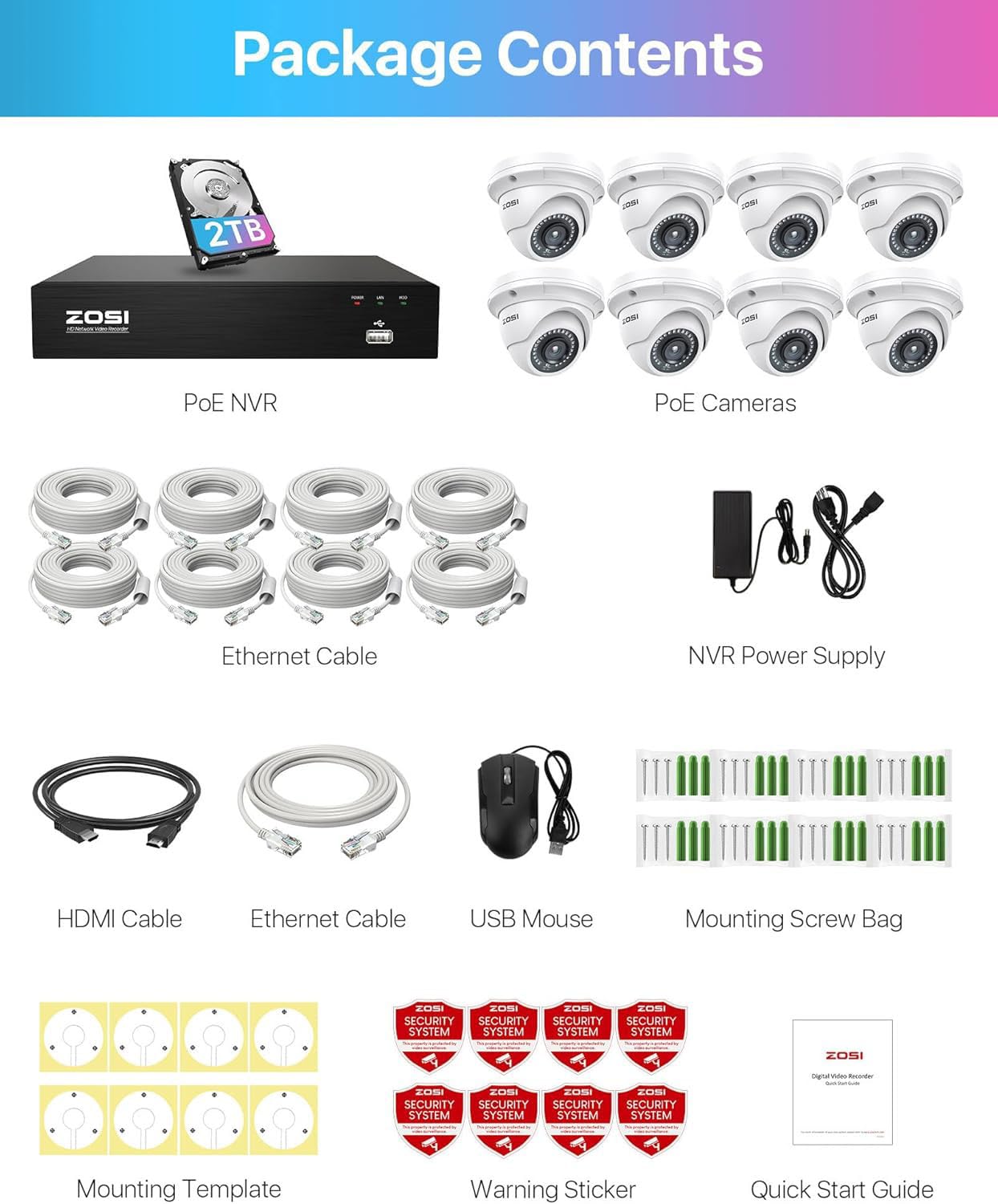 ZOSI 8CH 4K PoE Home Security System with 2TB HDD, 8pcs 3K 5MP Weatherproof Metal Outdoor Indoor PoE Cameras, Night Vision, Motion Detection, Remote Access, 8MP Surveillance NVR for 24/7 Recording