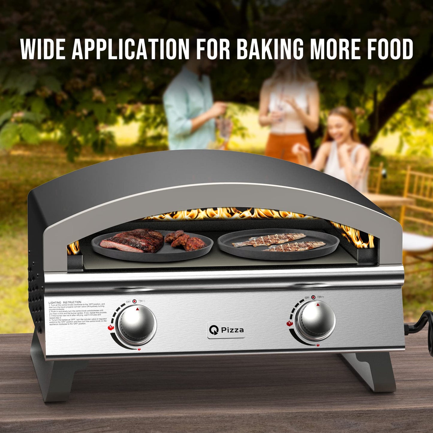 Outdoor 2-Burner Gas Pizza Oven, 25" Large Capacity Pizza Maker, Versatile Grill Stove with 19" Baking Stone for Steak Meat Seafood, OuPropane Grill Oven for Cooking