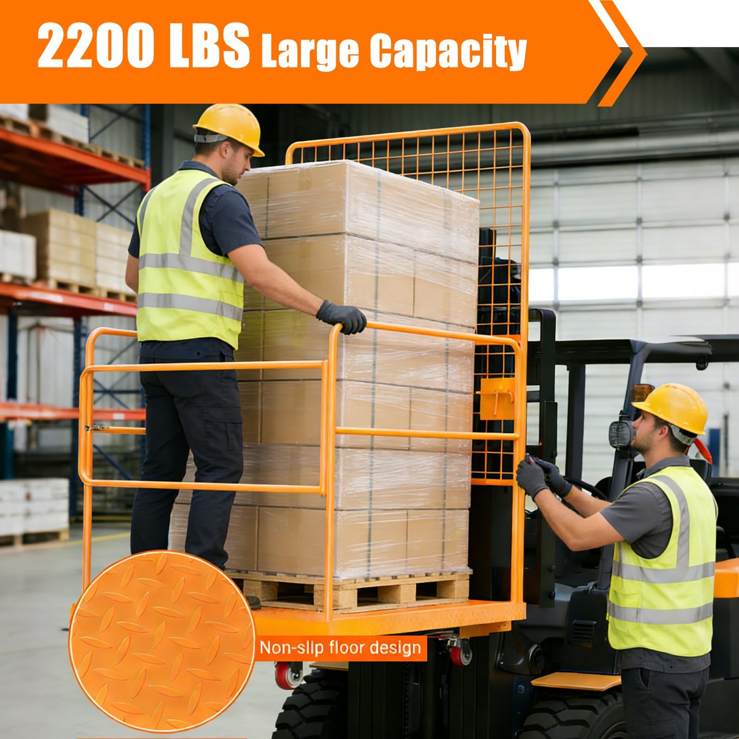 45 in x 43 in Forklift Cage, Max. 2200 LBS Forklift Man Basket with Harness & Wheels, Foldable Work Platform, Lift Basket Aerial Rails for Lifting Loader