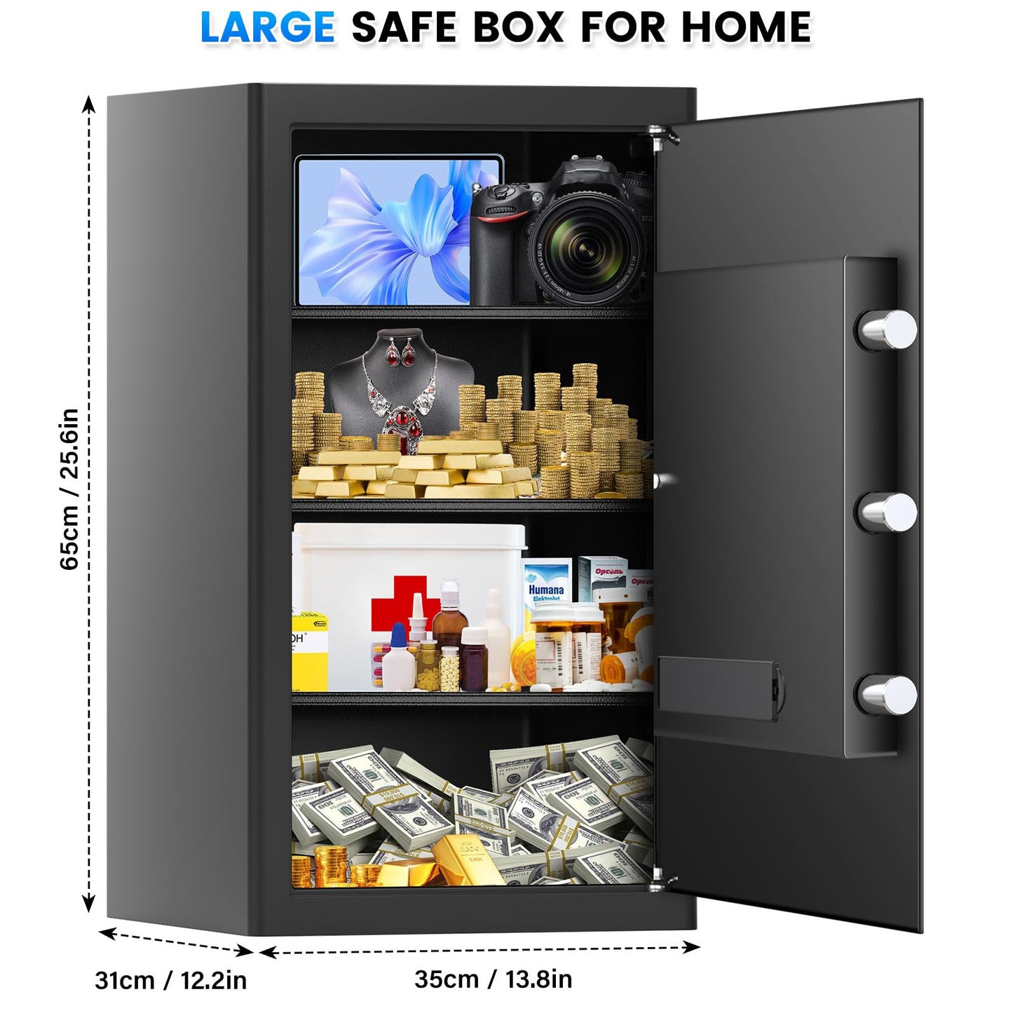 [25.6'' Tall] Large Home Safe, Digital Safe Box with Alarm System, Electronic Keypad and Emergency Keys, Security Cabinet Safes for Home Document Ammo Medicine