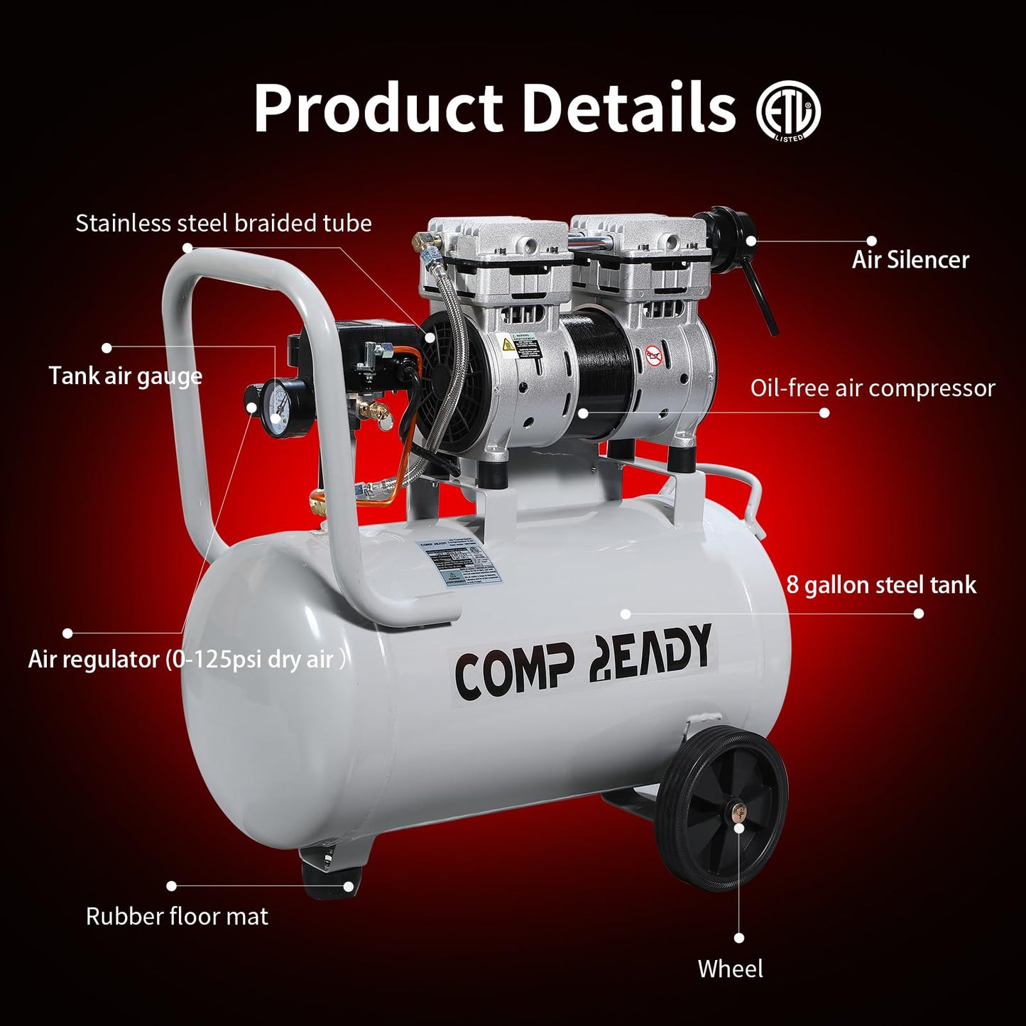 8 Gallon Portable Air Compressor 1HP 2.5 CFM@90PSI 60dB Ultra Quiet Oil Free Air Compressor Ideal for Tire Inflation Pneumatic Tool Spray Painting
