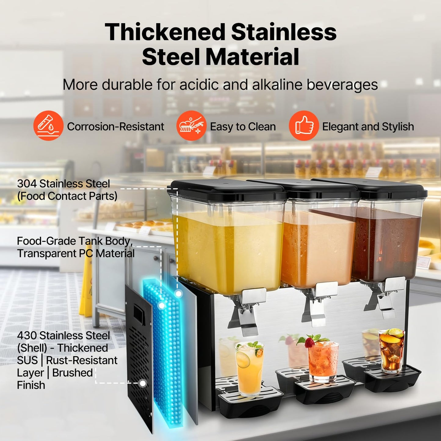 VEVOR Commercial Beverage Dispenser, 3 Tanks Juice Dispenser, 18 L / 19 QT Per Tank, 512W Stainless Steel Ice Tea Drink Machine with 45℉ to 54℉ Cooling Temp, for Cold Drink Restaurant Bar Party