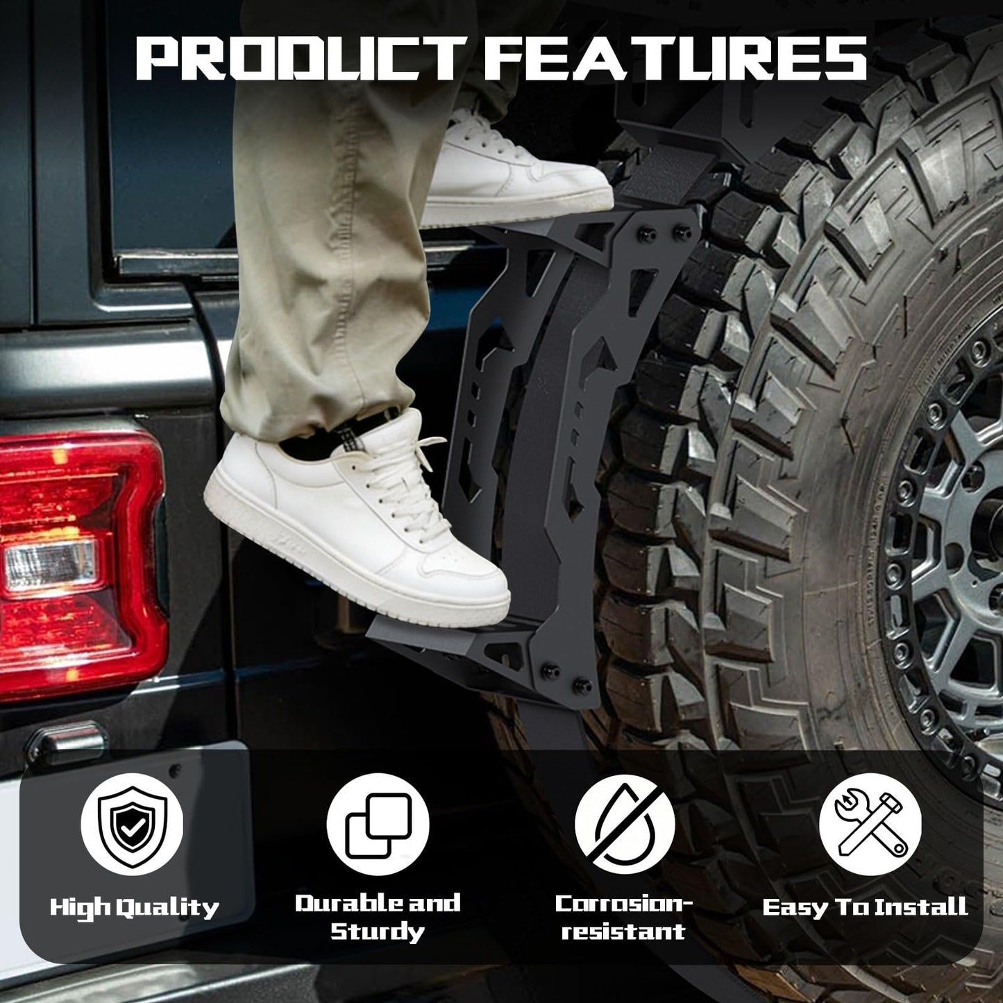 Universal Spare Tire Cargo Basket with Quick Release Spare Tire Mount Rack & Step Ladder | Fits 30"–40" Tires | 3-in-1 Off-Road Storage for SUVs & Jeeps | Compatible with Fuel Cans & Traction Boards