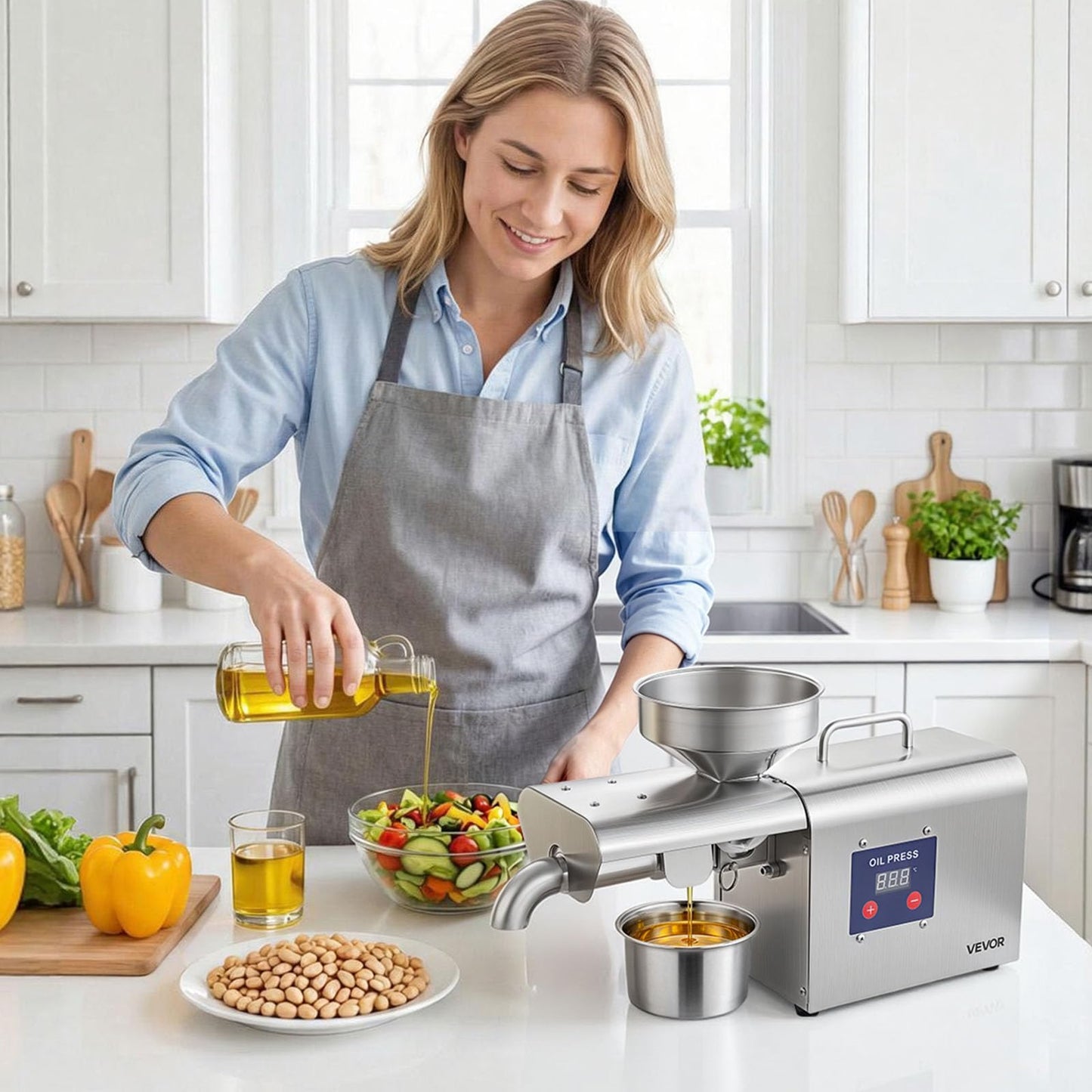 VEVOR Oil Press Machine, 8.27 LBS/H Capacity, Oil Extractor Machine, Automatic Electric Oil Maker for Home Commercial Use, 122℉–572℉ Hot Pressing for Peanuts Sesames Soybeans Almonds