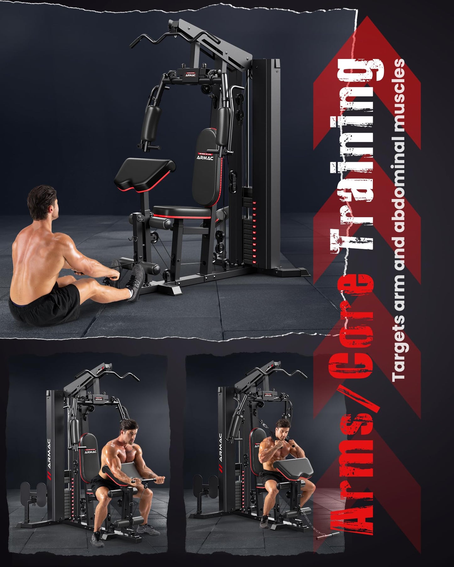Sportsroyals Home Gym, Multifunctional Workout Station with 150LBS Weight Stack, Full Body Workout Machine with Pulley System for Strength Training (Black red)