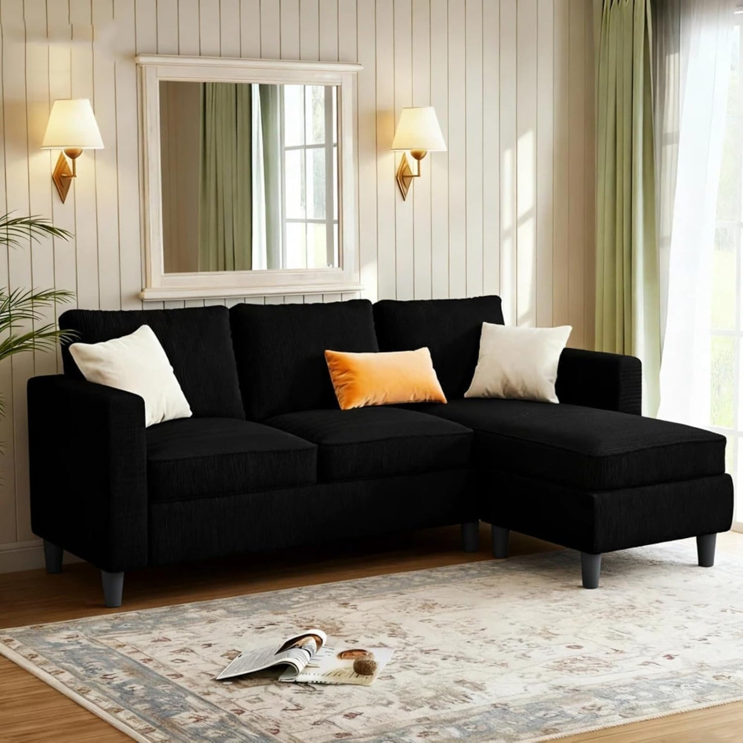 JAMFLY Sectional Sofa for Living Room, 3-Seat Reversible Couch with Convertible Ottoman, Modern L-Shaped Sofas for Small Apartment, Studio & Office, Tool-Free Easy Assembly, Black