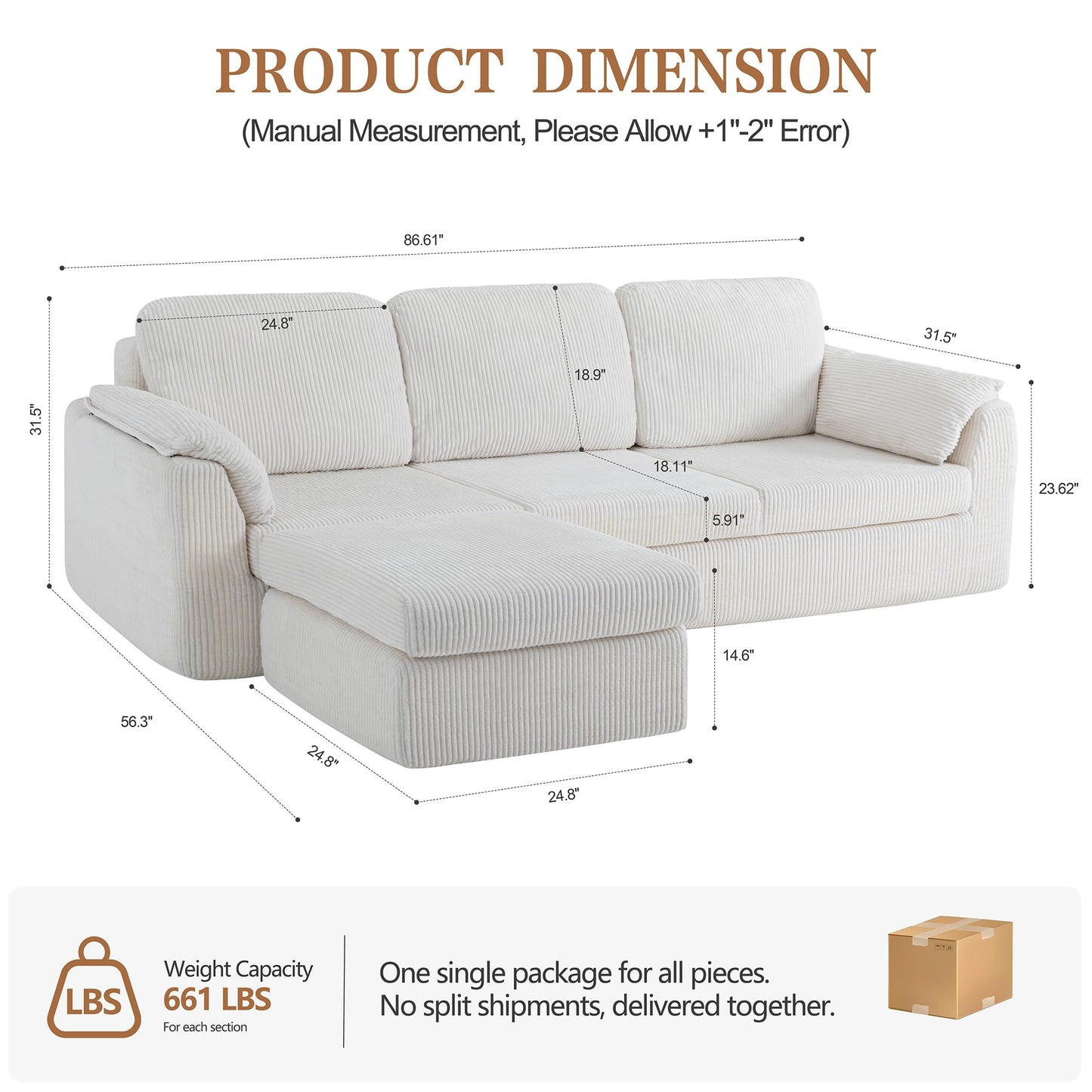 Vongrasig Boneless Convertible Sectional Sofa Couch, 3 Seat L Shaped Sofa with Removable Pillows Plush Corduroy Fabric Small Couches for Living Room, Apartment and Office, White