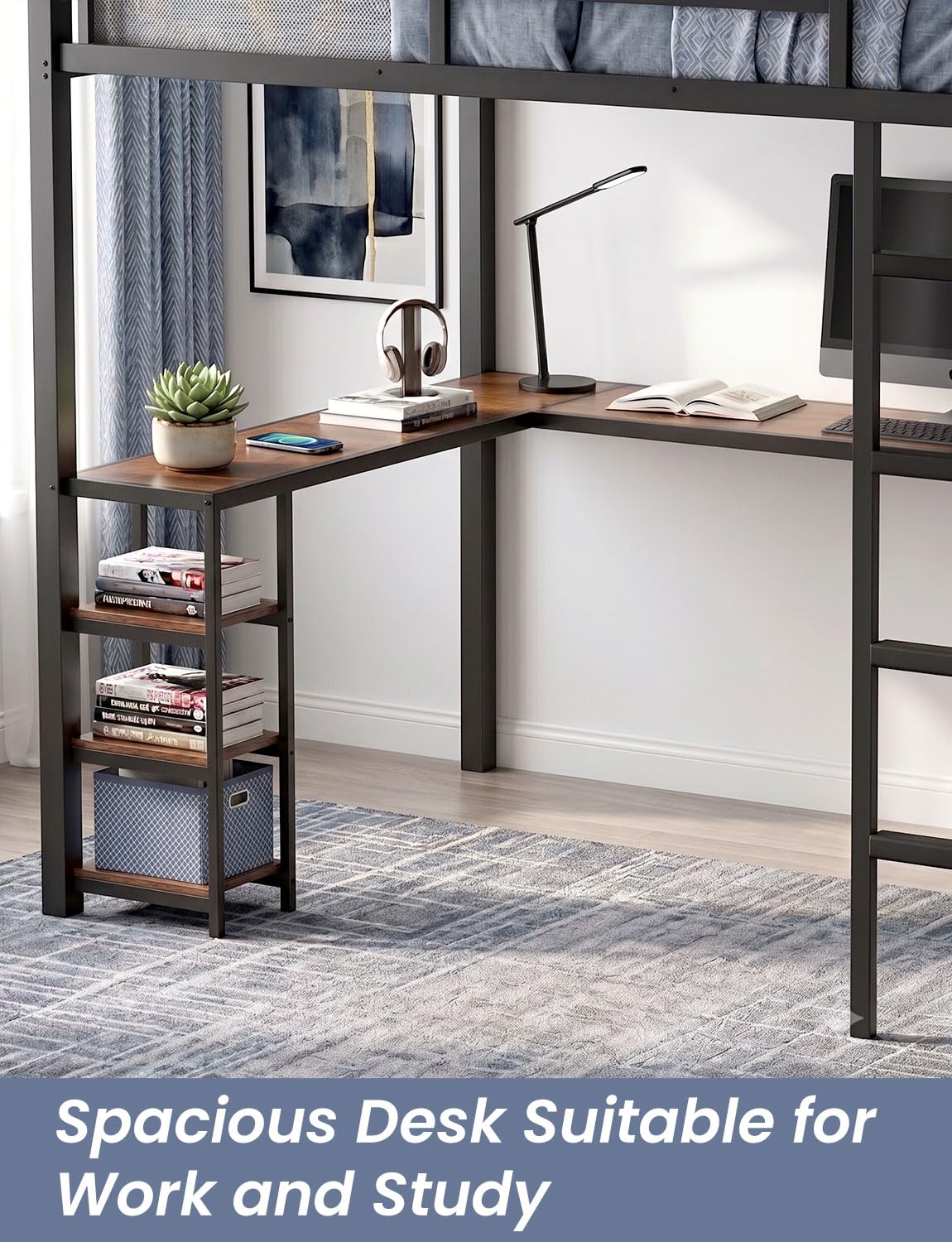 Feetice Full Size Loft Bed with Desk, Metal Frame with Shelves and Clothes Rack, Anti-Tilt Design & 12" Safety Rail, Space-Saving Loft Bed for Teens, Black