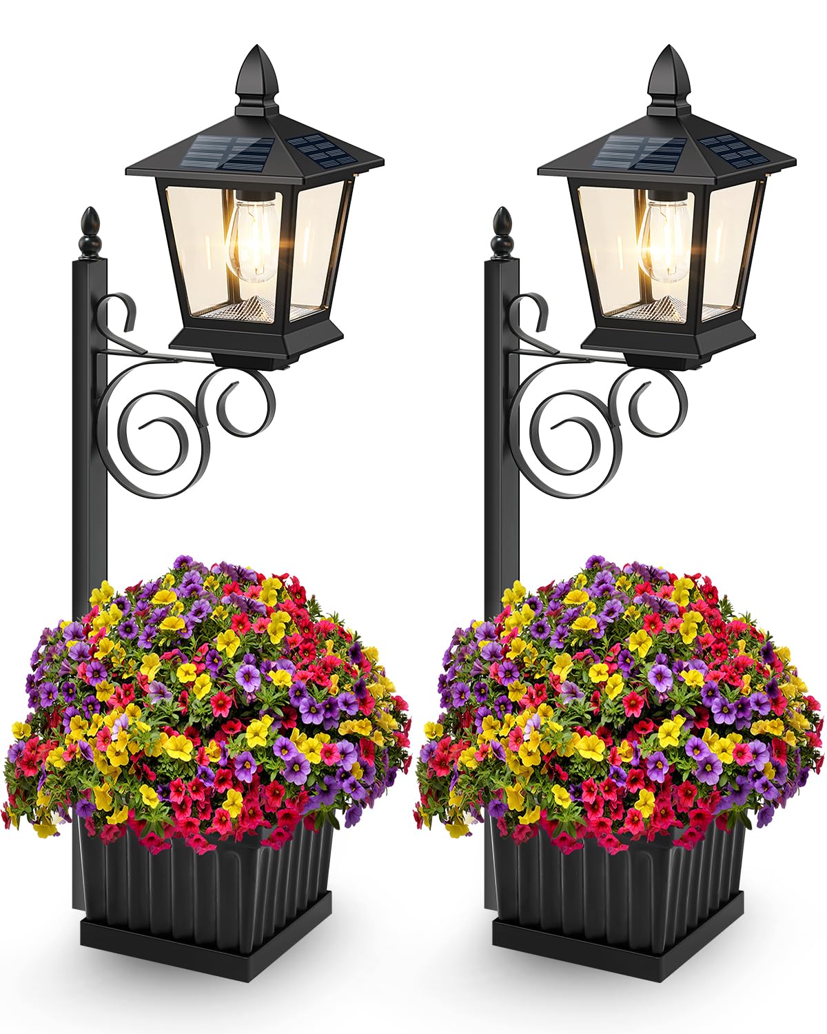 TOWPONICS Solar Lamp Post with Planter, 2-Pack, Waterproof, Metal, Black, Model SZ-24033, Ideal for Garden Decor and Patio Lighting