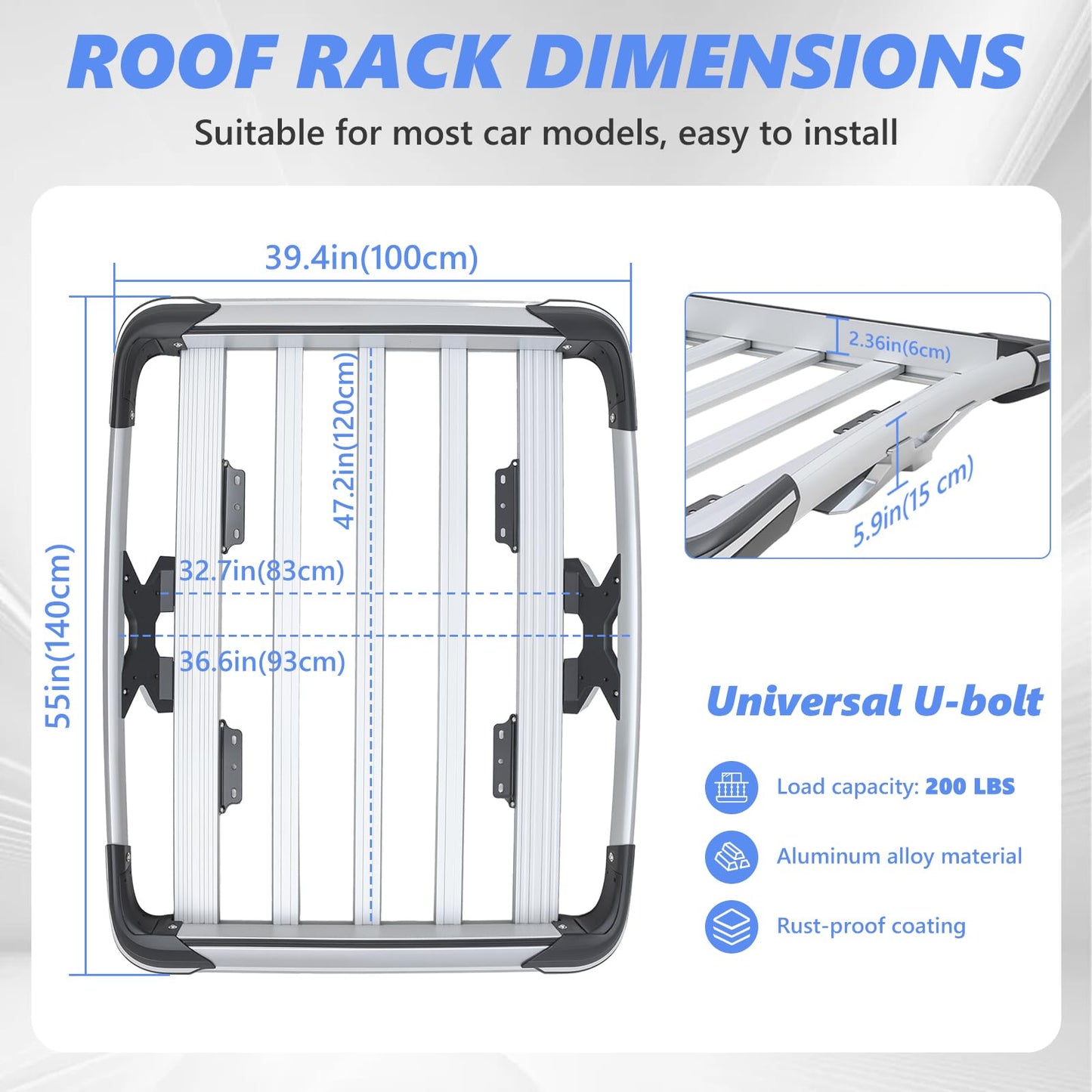 Roof Basket,Anti-Rust Aluminum Roof Basket,Universal Rooftop Cargo Carrier,Suitable for roof Racks, Equipped with crossbars,55“x39”x6“,250lb Supports,Medium Version (Silver)