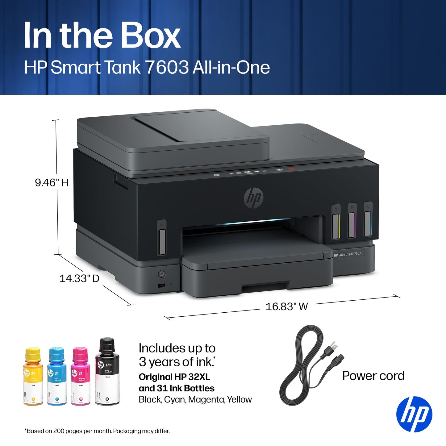 HP Smart Tank 7603 Wireless All-in-One Ink Tank Printer, Scanner, Copier with up to 3 Years of Ink Included, Best-for-Home Office, Cartridge-Free Refillable, AI-Capable (D34F7A)