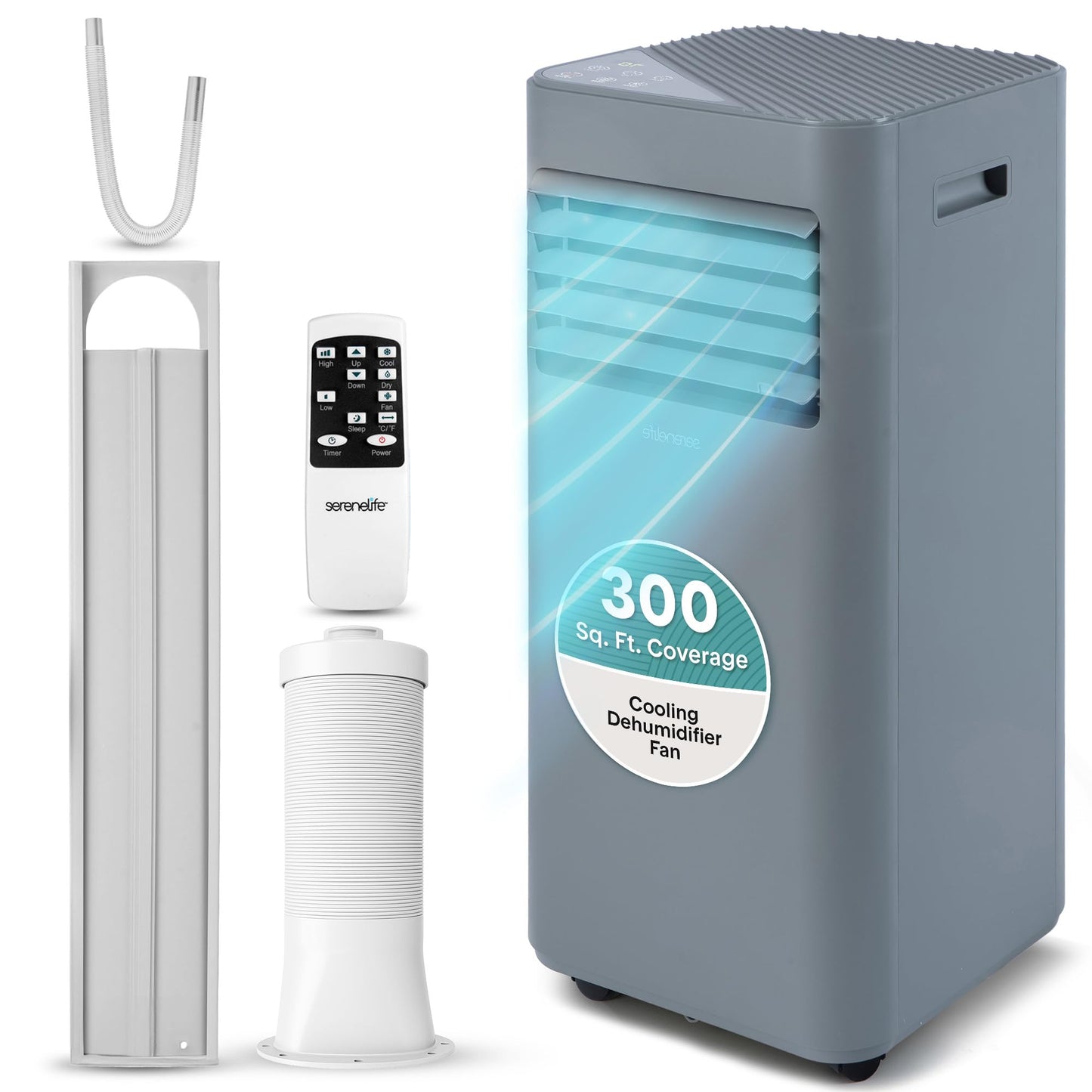 SereneLife Portable Air Conditioner 8000 BTU | Cools Rooms up to 300 sq ft | 3-in-1 Cooling, Fan & Dehumidifier | 24-Hr Timer & Remote| Standing Portable AC Unit with Window Kit and Rolling Wheels