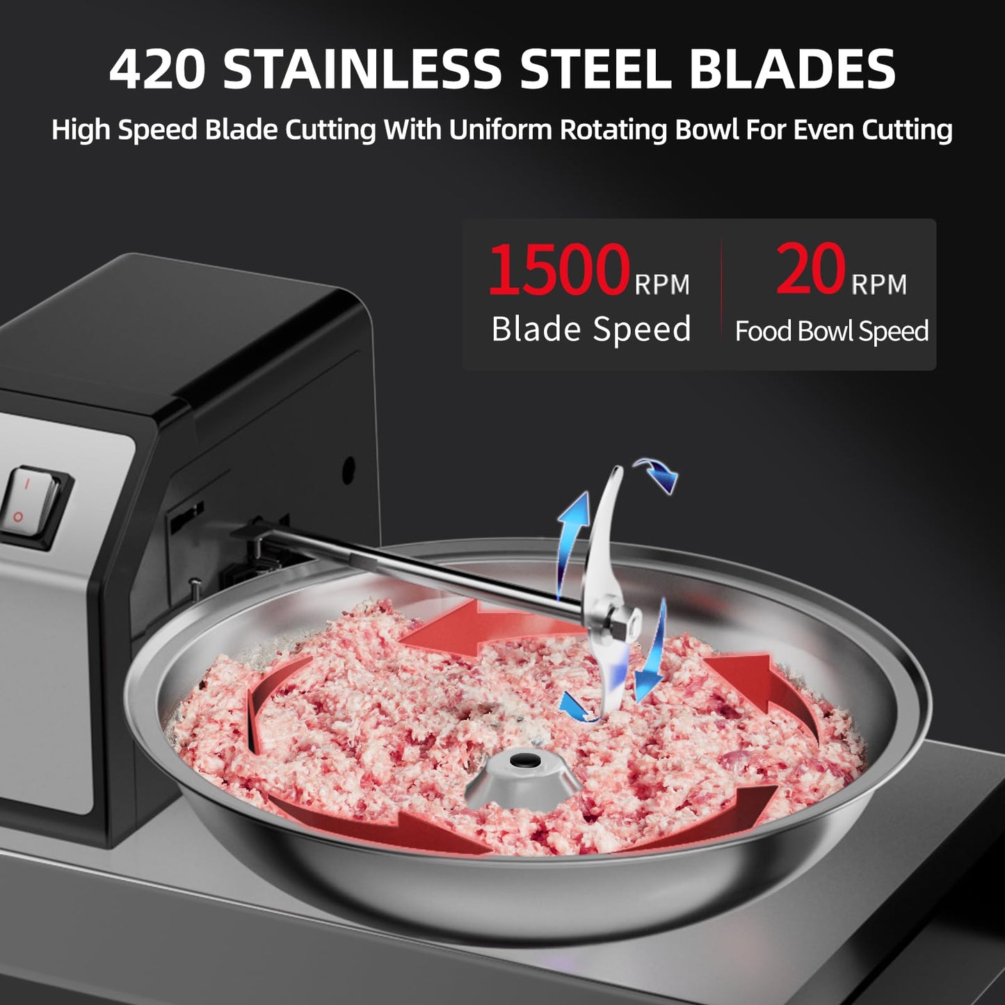 TERUISI Commercial Food Processor, 250W Heavy Duty Electric Meat Grinders with 1500RPM Blade Speed, 6QT Stainless Steel Food Bowl and 0-15 Mins Timer, CE Certified Vegetable Chopper Food Mixer Machine