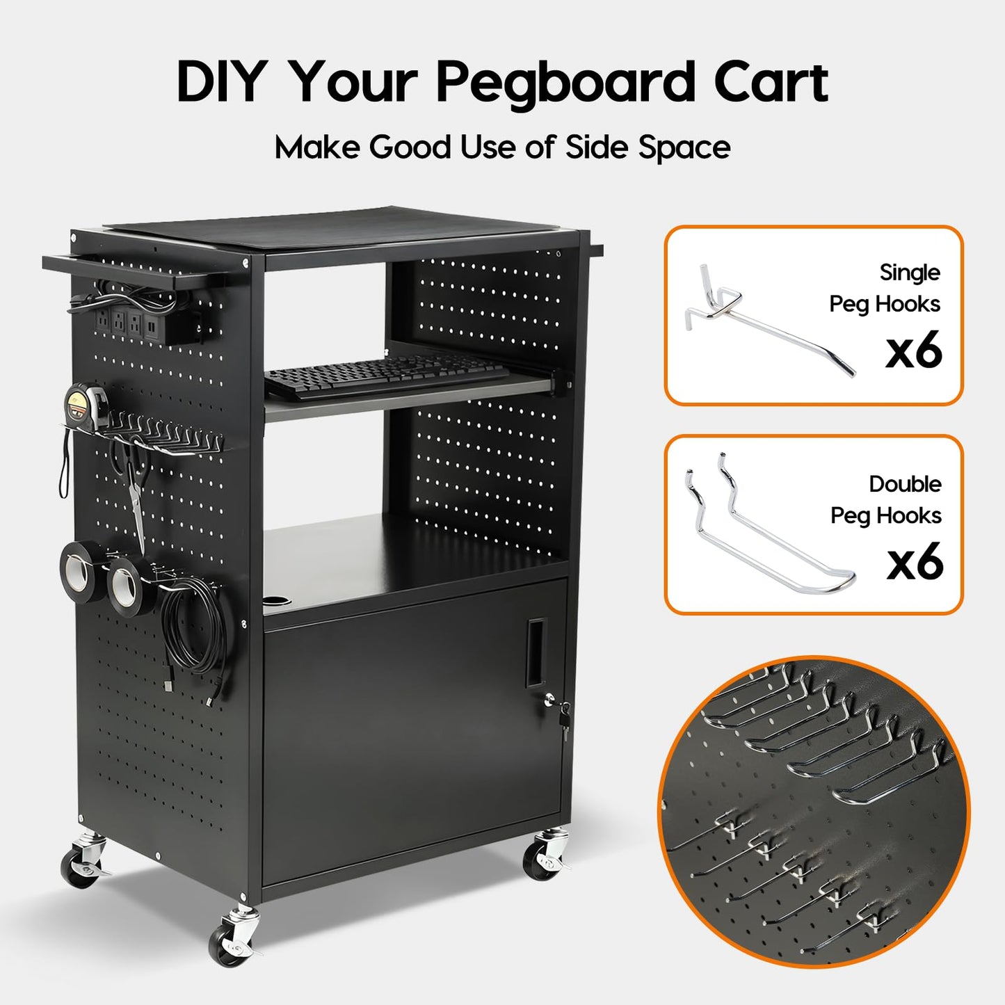 AV Cart with Wheels, Lockable Multimedia Computer Cart with Power Strip, Mobile Projector Cart with Pull-Out Keyboard Tray, Steel Cabinet Storage, Pegboard & Hooks for Classroom Office School