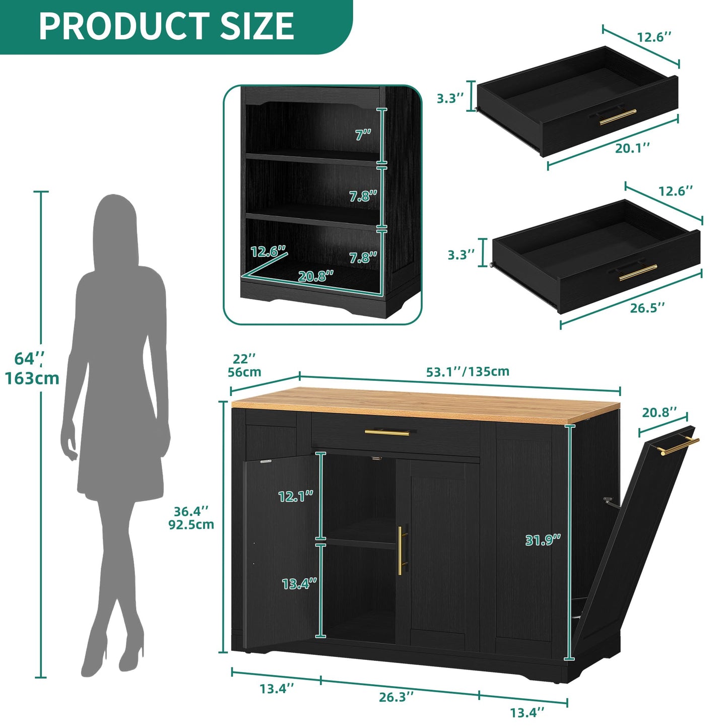 YITAHOME 53 inch Large Rolling Kitchen Island with Trash Can Storage Cabinet, Portable Mobile Islands Table Long Floating Movable w Wheels Cabinet for 13 Gallon Garbage Bin 2 Drawer, Navy Blue
