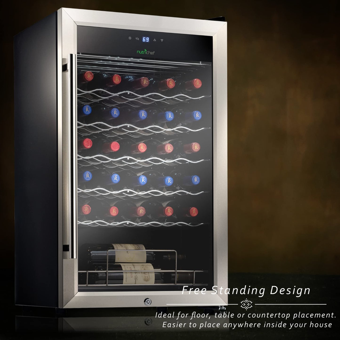 Nutrichef 34 Bottle Wine Fridge | Single Zone Wine Chiller for Chilled Wines | Adjustable Temperature 41F - 64 F | Ultra Quiet Operation | Wine Cooler for Home & Office | 33x19x17 IN | Stainless Steel