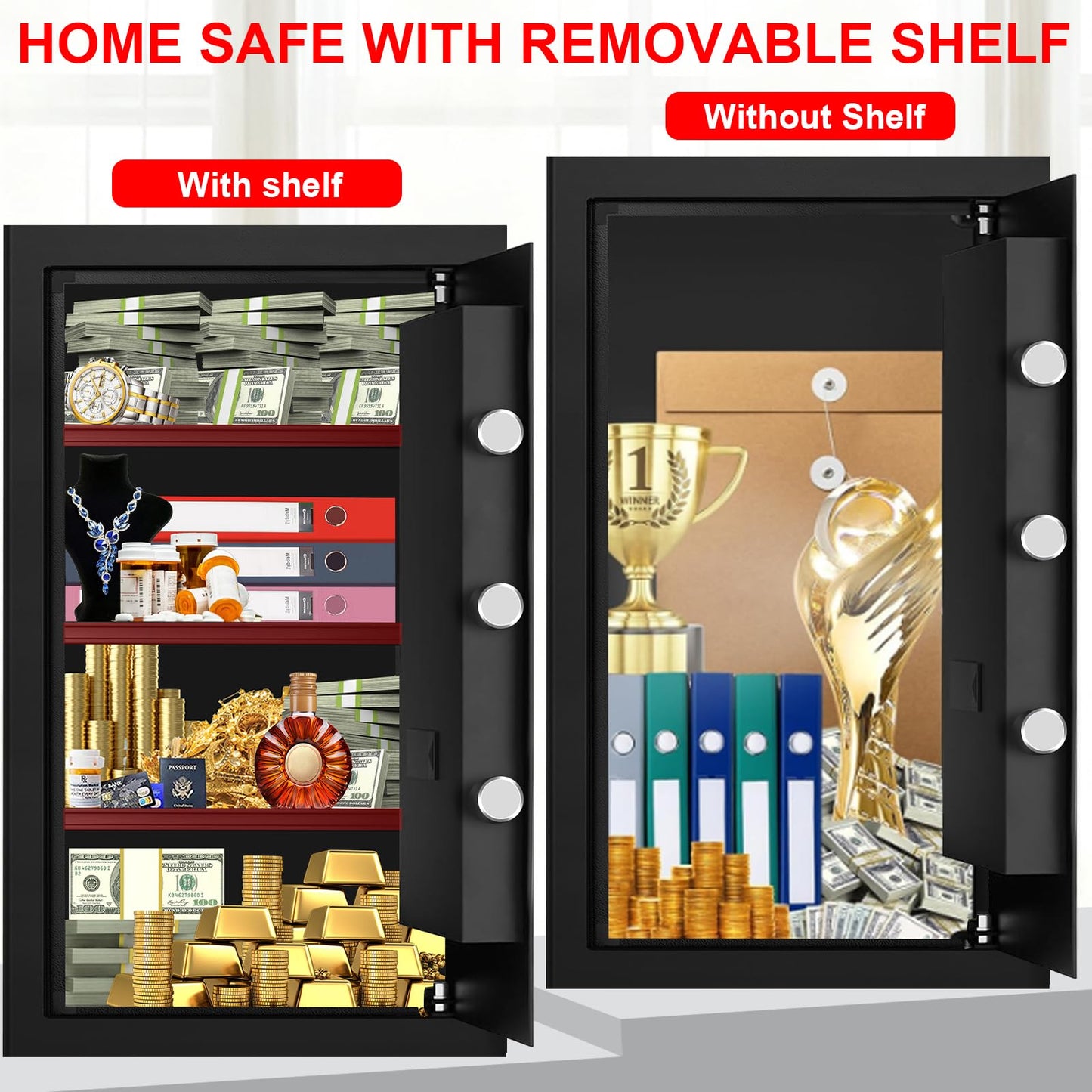 6.0 Cuft Large Fire Proof Safe for Home Documents, Safe Box Fireproof Waterproof with Electronic Keypad, Spare Keys and Alert System, Digital Home Safes Water and Fireproof for Office Money Valuables
