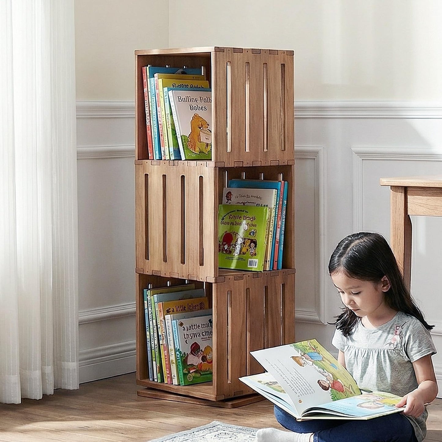 unununu Wooden Rotating Bookshelf, 360°Spinning Deep-Bin Tower for Art Books&Large Formats, Solid Wood Revolving Bookcase, Floor Standing Storage Rack,Corner Organizer,Small Space,study,Office, 5-Tier