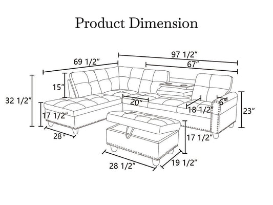 Trygoal 97.5" Linen L Shaped Couch with Left Chaise & Cup Holder, Sectional Sofas Modular Furniture Set with Storage Ottoman, Convertible Couches for Living Room, Small Space & Office (Black)