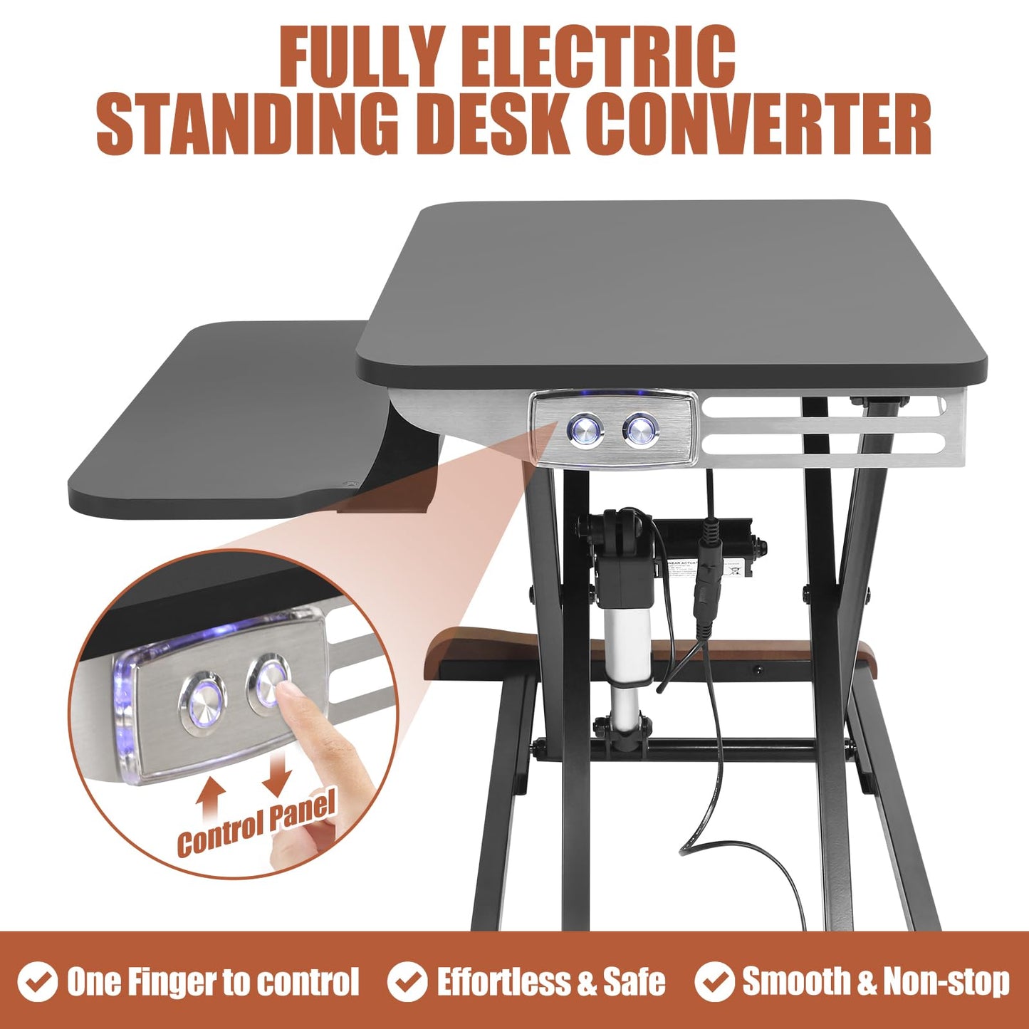 Electric Standing Desk Converter with Keyboard Tray, 26x16 Inch, Height Adjustable Sit to Stand Desk Riser with Unique Side Cover and Wooden Feet, Small Motorized Monitor Riser for Office & Home