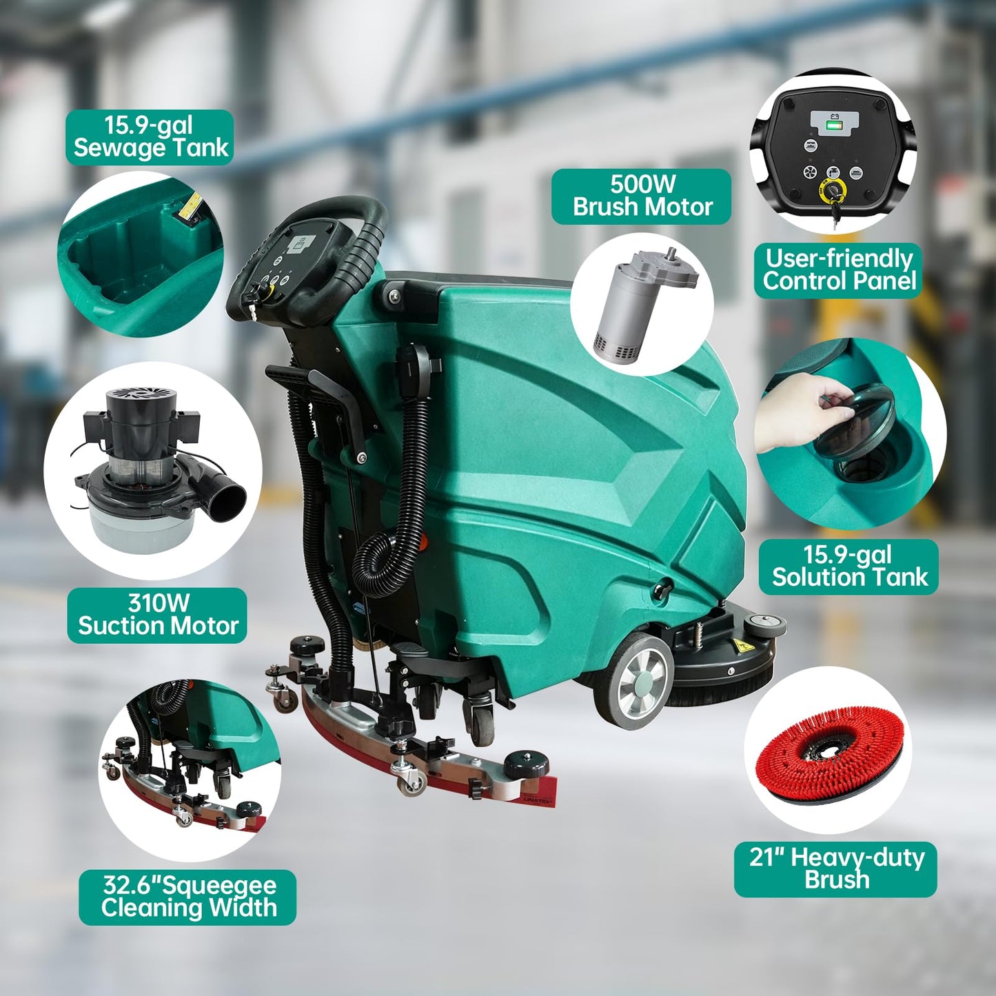 Commercial Floor scrubber machine, 21" Cleaning Width, 32.6" Suction Width, 15.9 Gallon Solution Tank, 15.9 Gallon Recovery Tank, 32000 Sqft/h, 5.5 Hours Runtime