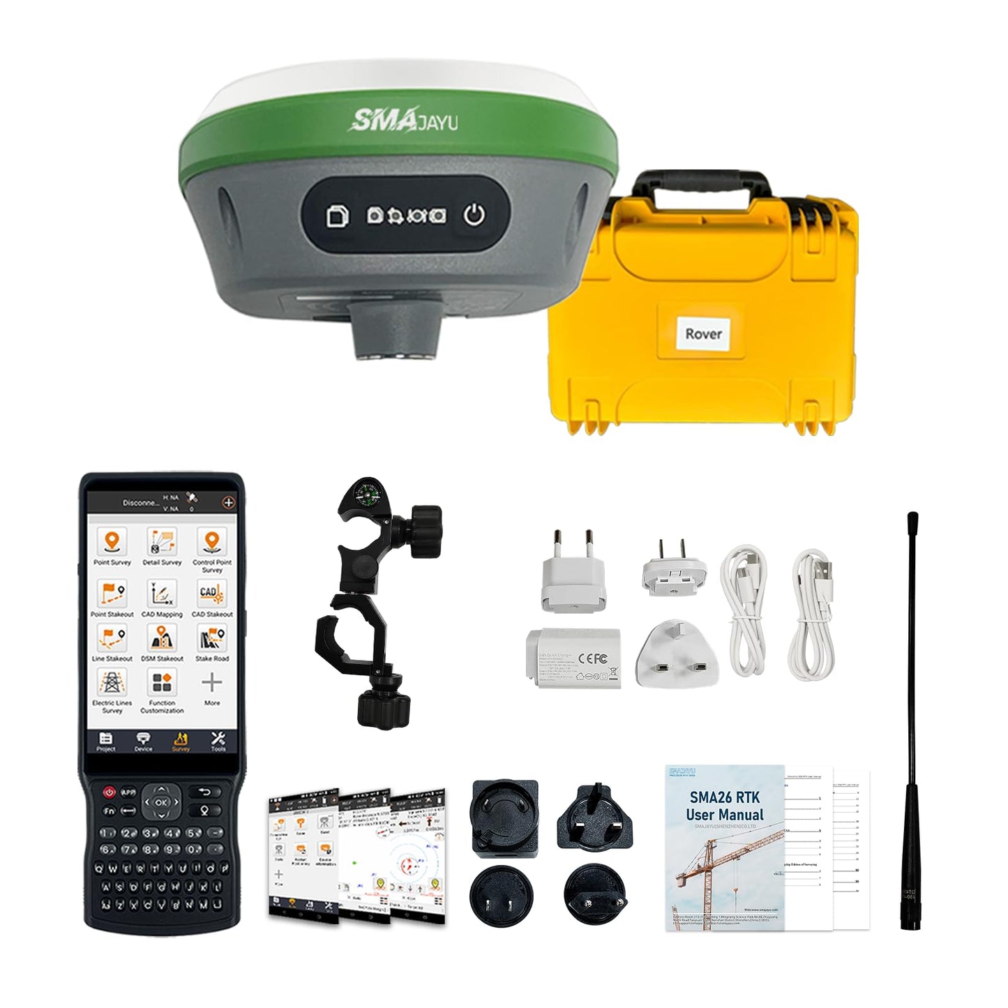 SMA26 Pro Rover GNSS Receiver RTK Surveying System with Controller and Software, Work as Base Station for Drones, 10000mAh, 32GB, 4G/BT/CORS, IP67 Protection, Ideal for Construction & Engineering