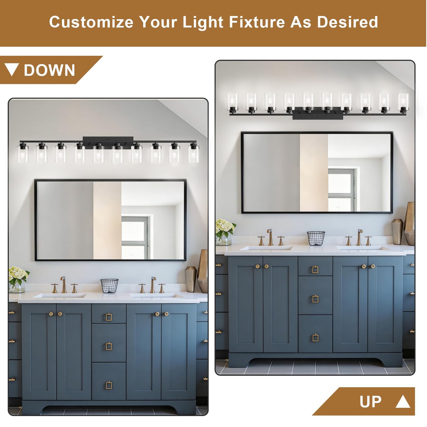 IZORRO Modern Bathroom Light Fixtures, 10 Light Black Vanity Lights, Bathroom Lighting Fixtures Over Mirror with Clear Glass for Living Room Cabinet Bedroom