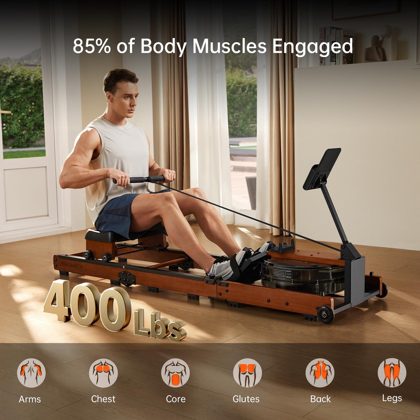 KINGSMITH Water Rowing Machines for Home, 400 LBS Row Machine Foldable with Monitor, Rotatable Device Holder, APP Supported for Water Rowers for at Home Exercise