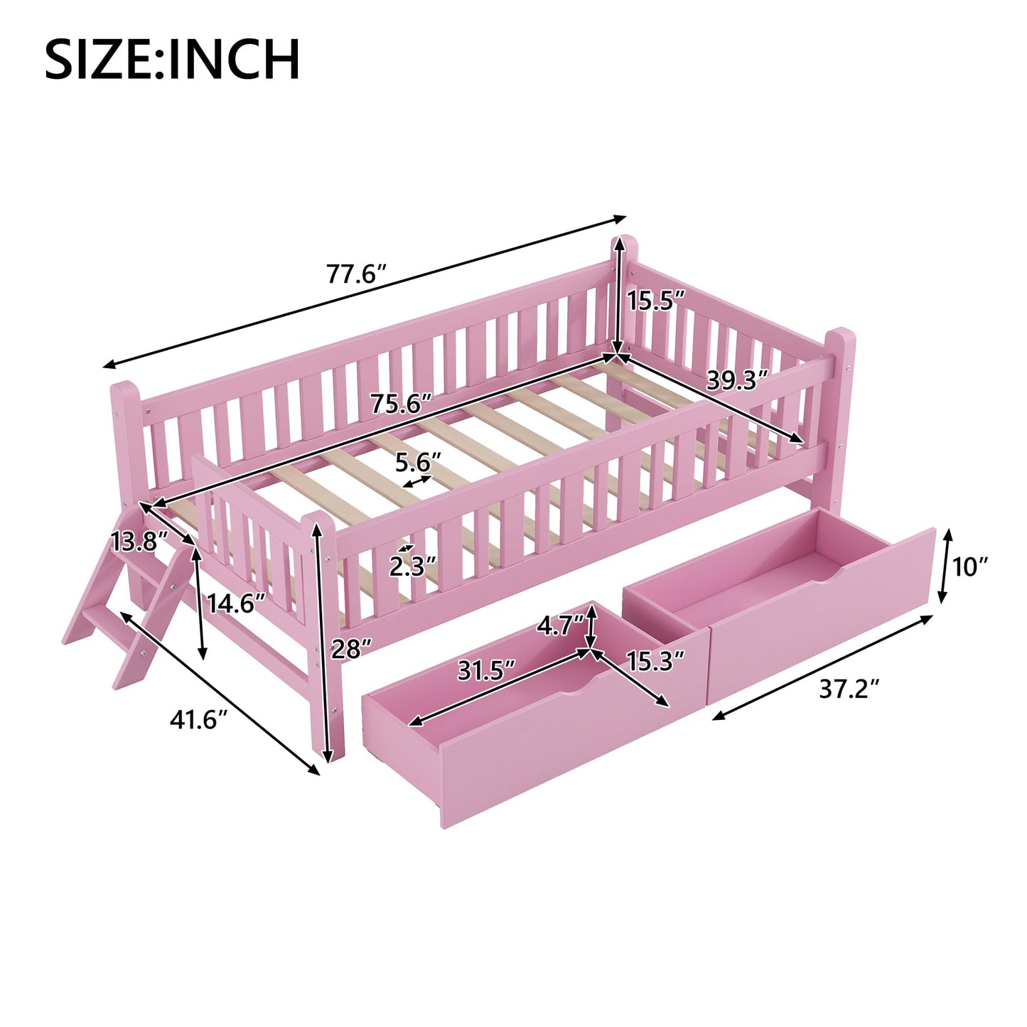 Bellemave Twin Size Kids Montessori Bed with Stairs,Solid Wood Twin Size Kids Bed Frame with Storage Drawers for Girls Boys,Low-Profile,Pink