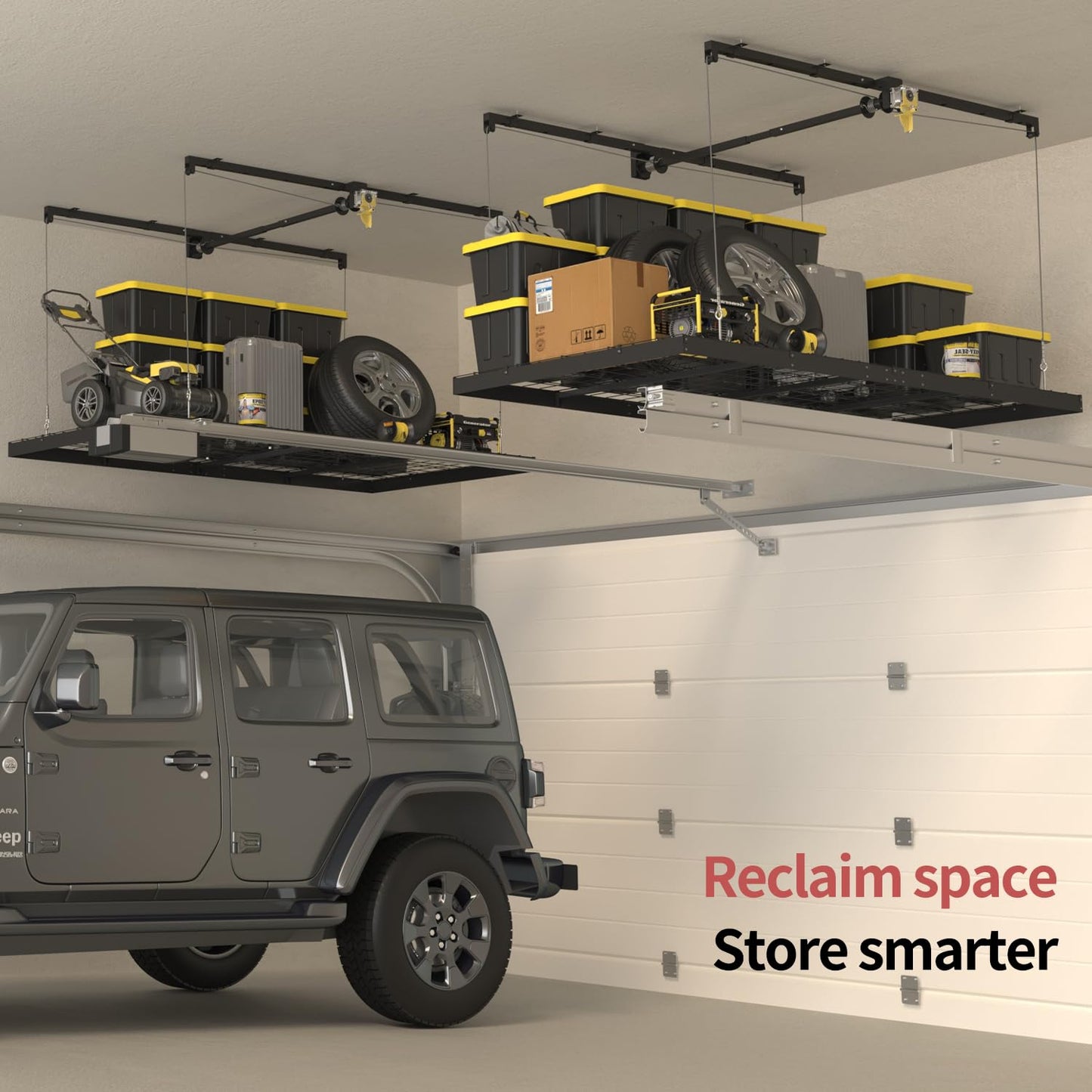 Garage Ceiling Storage Racks – 4x8 FT Overhead Garage Storage Rack with Safety Lock, Heavy-Duty Ceiling Mounted Lift System and Storage Organizer, Ideal for Maximizing Overhead Space, 325 lbs Capacity