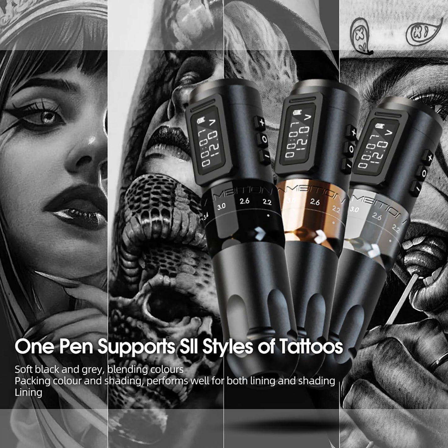 Ambition MARS-U Wireless Tattoo Machine with Adjustable Stroke - Rotary Tattoo Gun Cartridge Pen 1800mAh Power with Coreless Motor Digital LED Display for Professional Tattoo Artist
