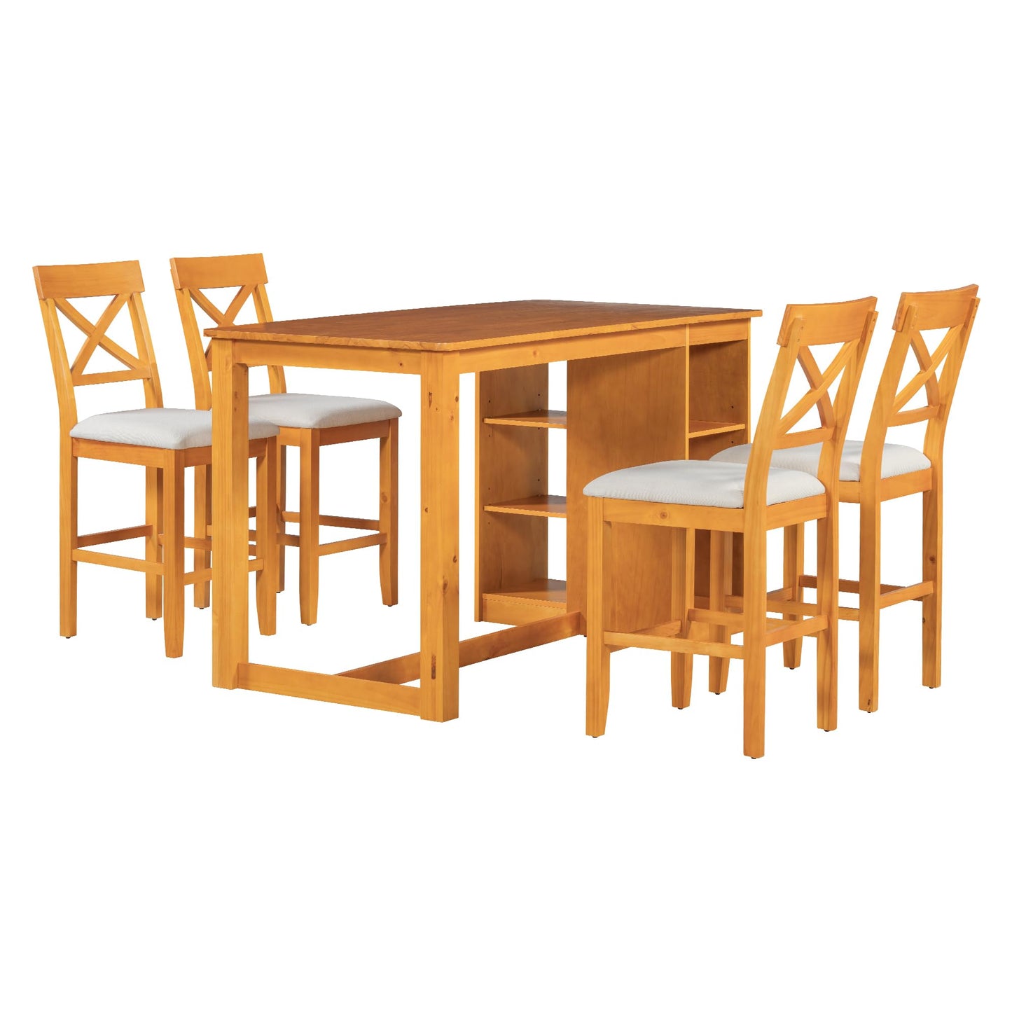 Merax 5 Piece Solid Wood Farmhouse Counter Height Dining Table Set with 3-Tier Storage Shelves,Upholstered Cross-Back Dining Chairs for 4,Rustic Dining Furniture for Kitchen,Dining Room,Brown