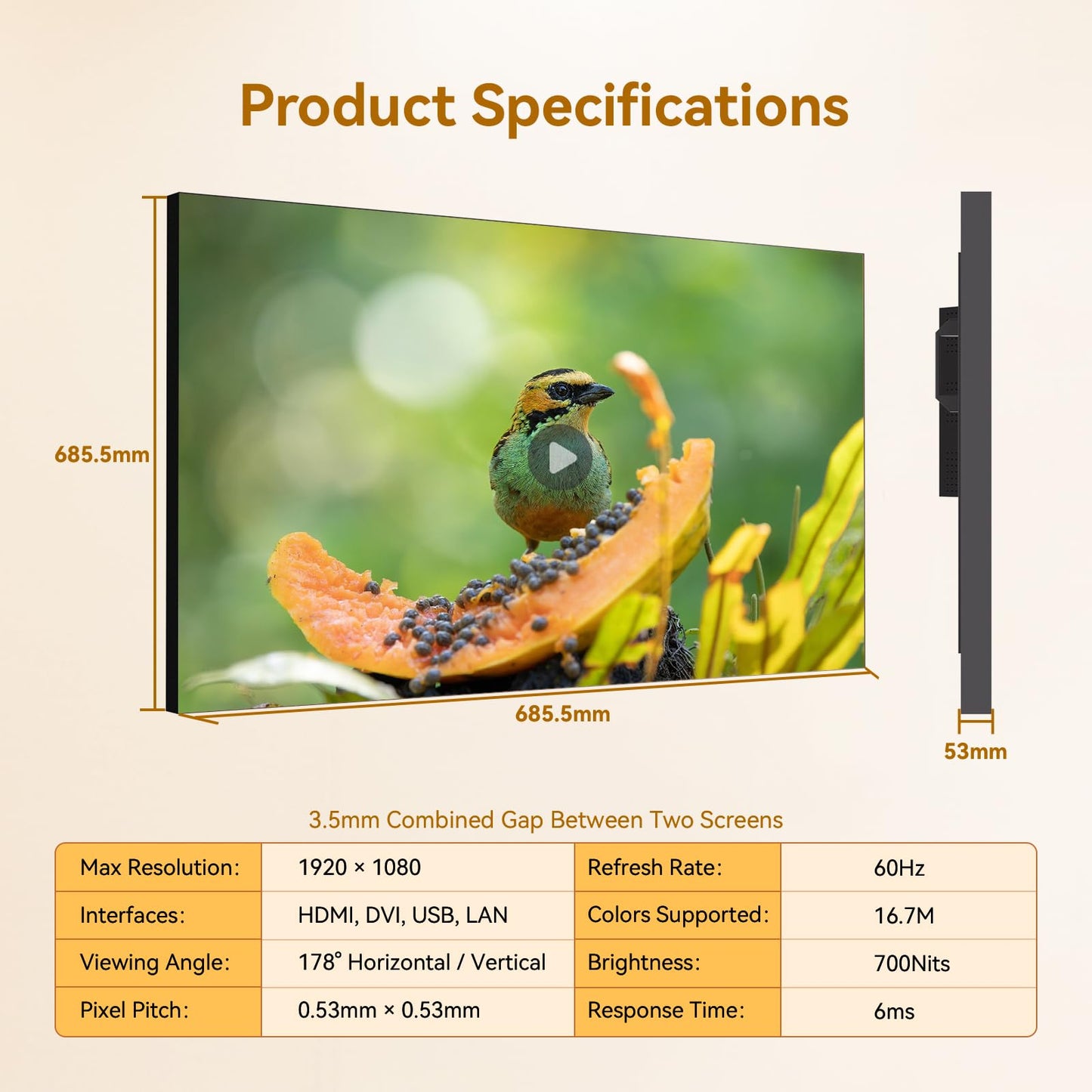 Canlarriz 55" FHD Video Wall Digital Signage Display Panel, 700 nits, 24/7 Operation, Modular Splicing from 1x2 to 4x4 and More for Control Rooms, Recording Studios, Broadcast Studios & More