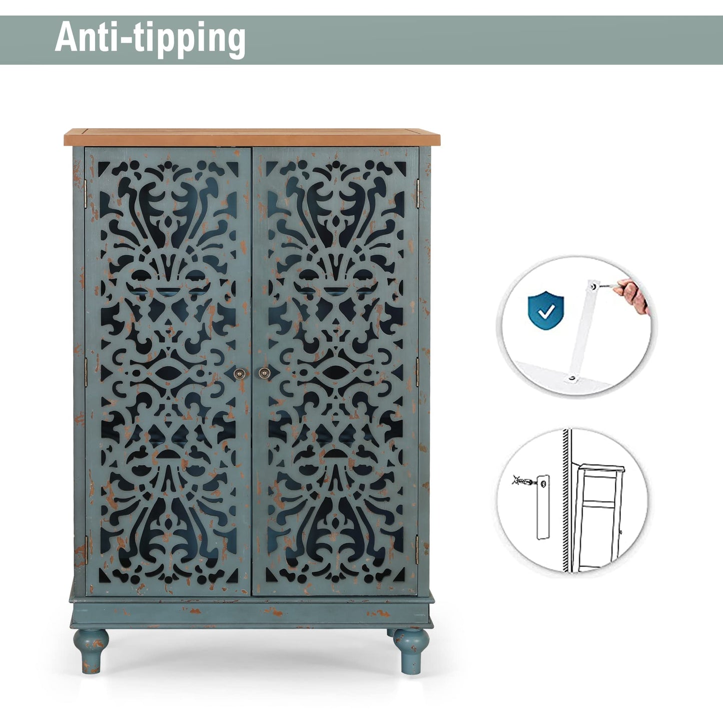 PHI VILLA Tall Accent Cabinet with Doors - Credenza for Living Room Farmhouse Storage Cabinet with Hollow Carved Door, 2 Door Accent Cabinets