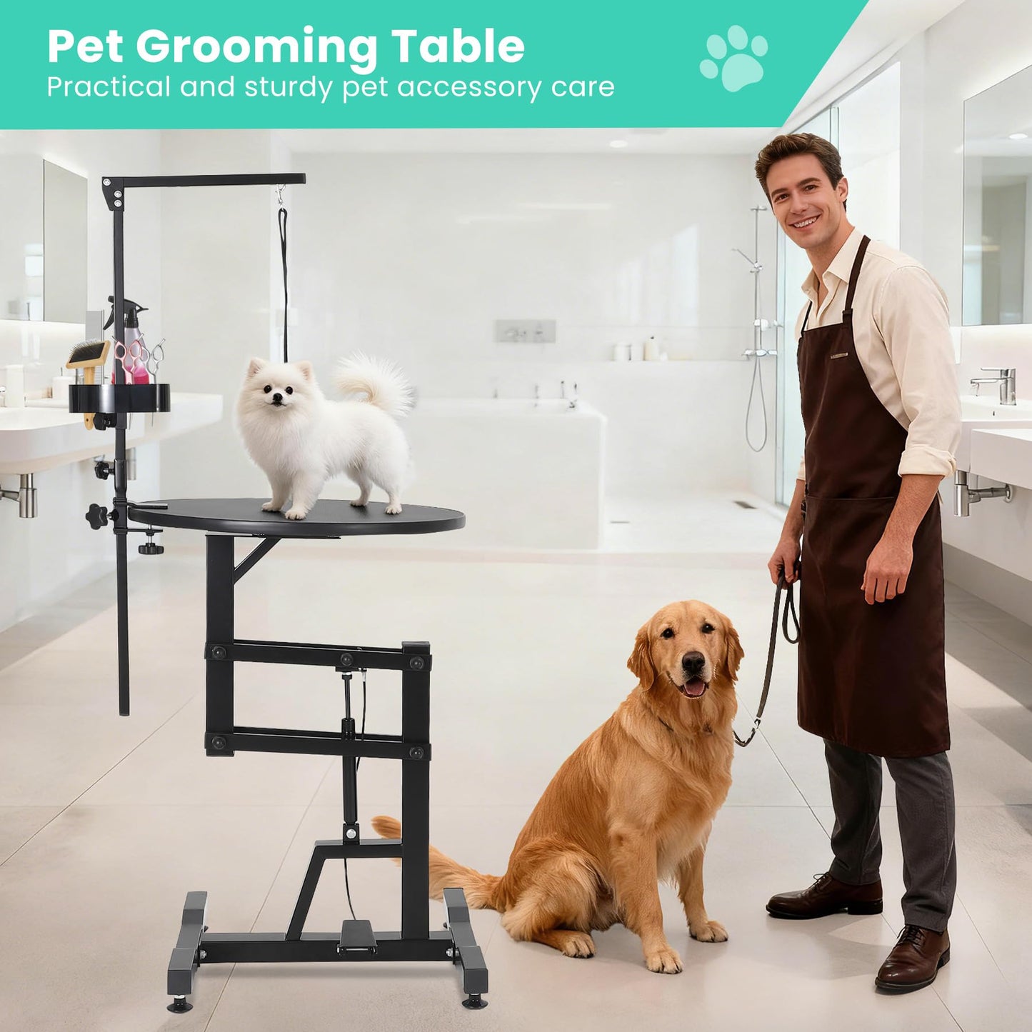 Garvee 24'' Hydraulic Lift Dog Grooming Table, Adjustable Cat Drying Rotating Desktop - Foldable, Adjustable Arm, Portable, Non-Slip Grooming Table for Large Small Dogs at Home, Capacity 250LBS