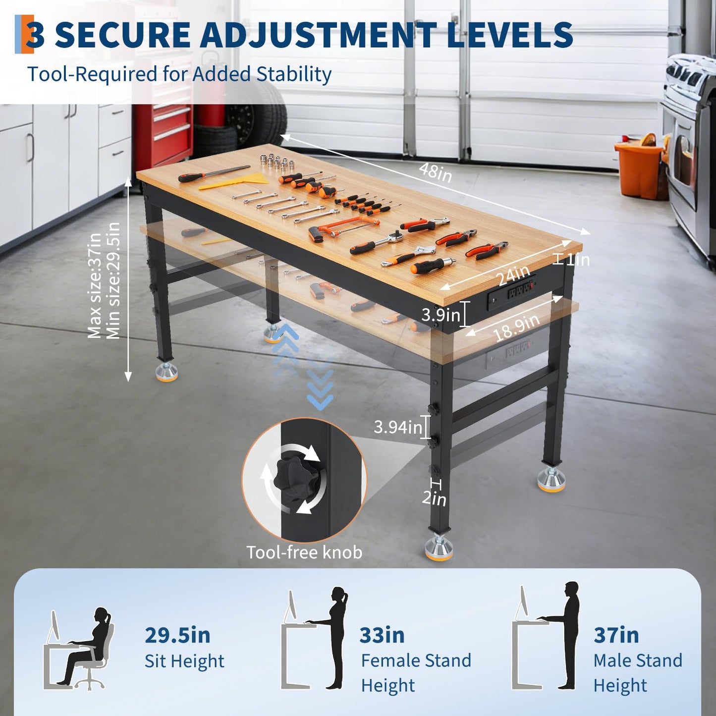 48" Work Bench, 48" x 24" Workbench with Power Outlet, Adjustable Height Work Benches for Garage, 2000 LBS Tool Bench for Workshop & Home