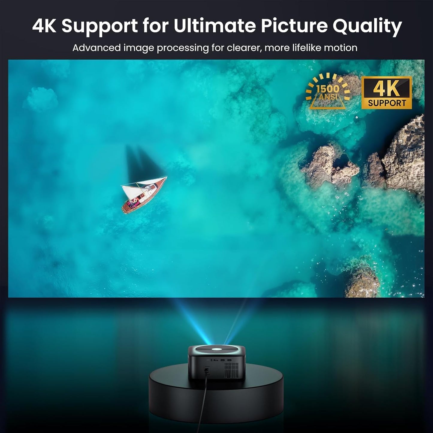 1500 ANSI Official Licensed Google TV Smart Projector, HAPPRUN 4K Full HD Home Theater with Auto Focus, Dolby Sound, Wi-Fi Bluetooth, Built-in Apps, Compatible with Phone & PC, Indoor & Outdoor Use