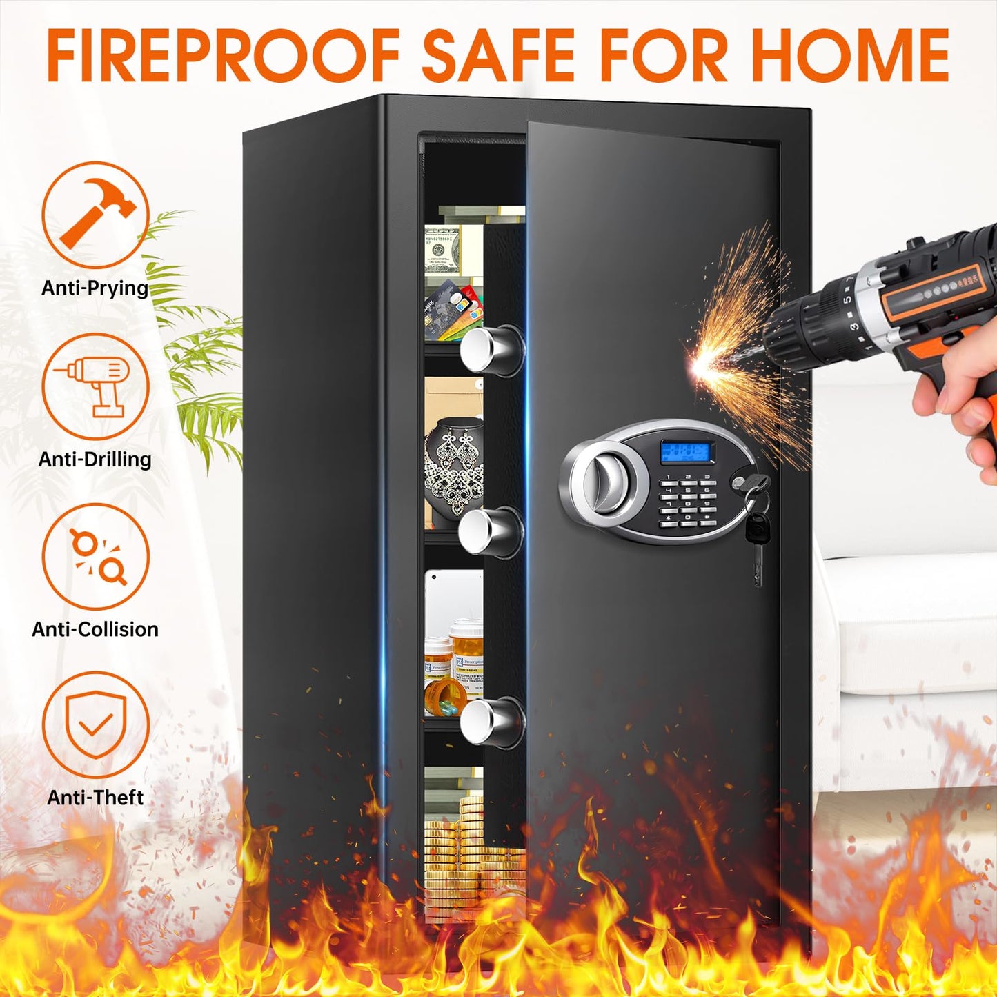 6.2 Cuft Large Fireproof Safe for Home Documents, Digital Security Personal Safety Box with Programmable Keypad, Spare Keys and 3 Removable Shelf, Anti-Theft Fire Safe Box for Money Firearm Medicine