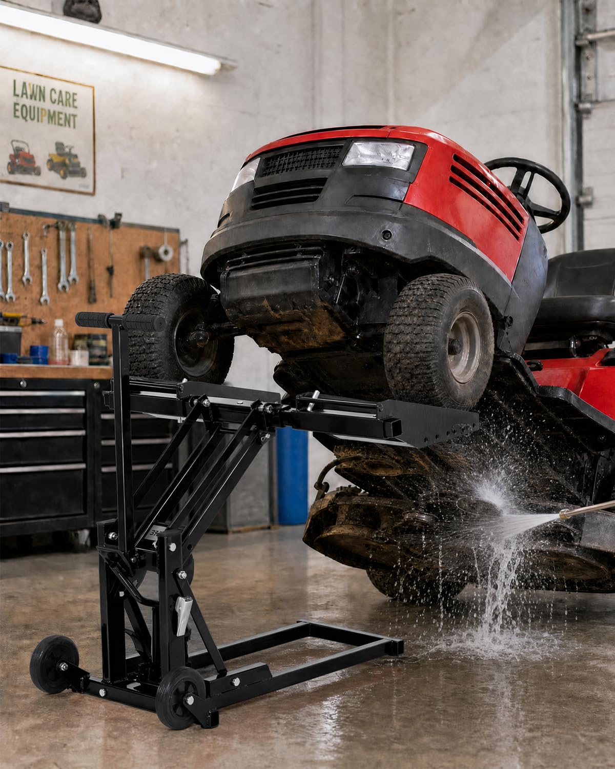 Garvee Lawn Mower Lift Jack 550 Lbs Capacity, Heavy Duty Mower Jack with Pair of 1M Straps for Zero Turn and Riding Lawn Mowers, Garden Tractors Maintenance and Repair, Black