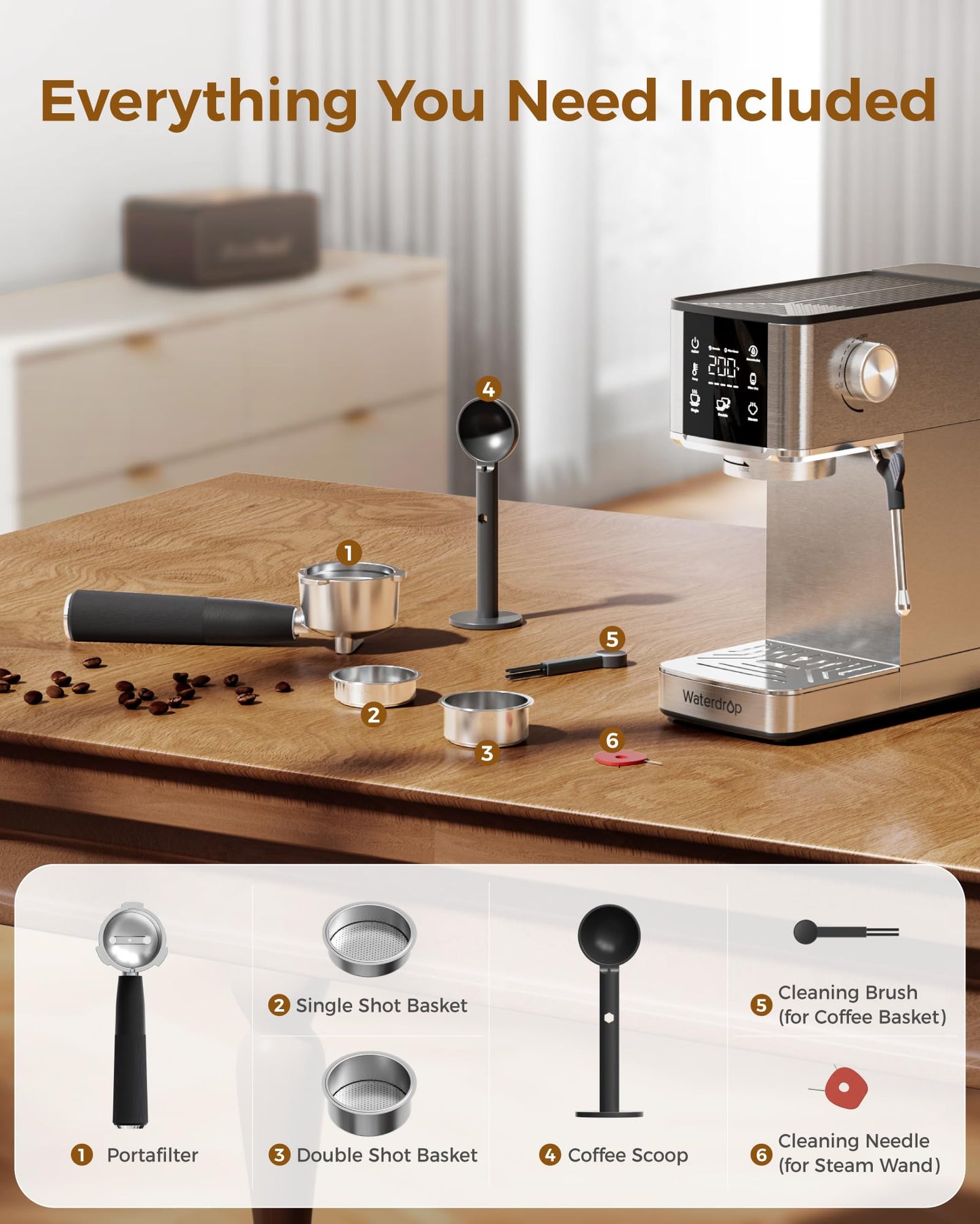 Waterdrop MC-02C Semi-Automatic Espresso Machine, TDS Reduction Preserves Beneficial Minerals, 20 Bar Pressure, Coffee Maker with 40oz Water Tank, Powerful Steam Wand for Lattes, Cappuccinos and More