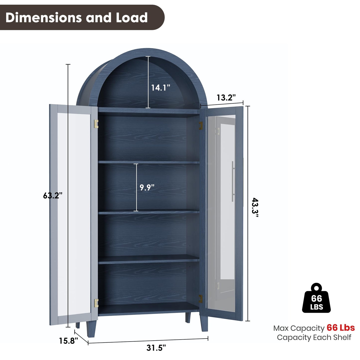 GarveeHome Arched Kitchen Pantry Cabinet - Farmhouse 5 Tier Display Shelf with Adjustable Shelf and 2 Large Glass Doors, Versatile Storage Cupboard for Kitchen, Dining Room, Living Room, Night Blue