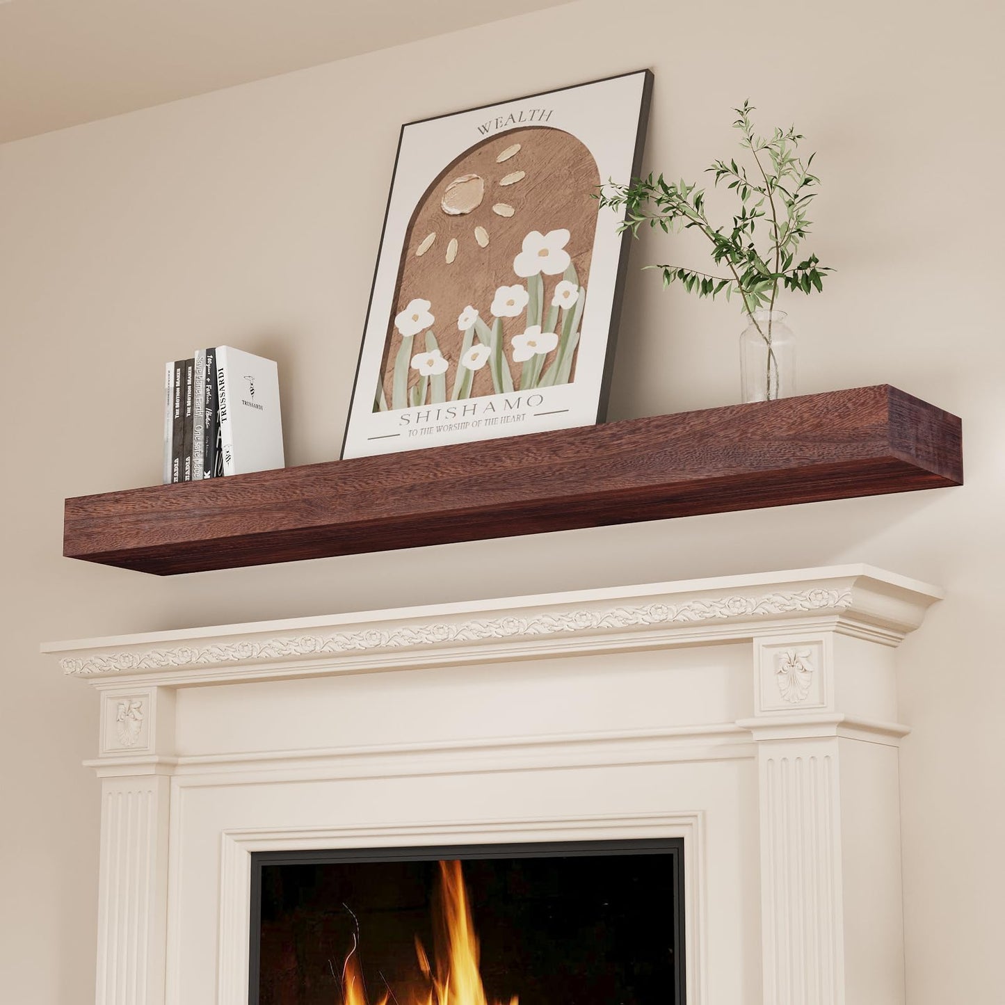 SAUMONIERES Fireplace Mantel Shelves 72 Inch Solid Wood Wall Mounted Long Floating Shelf Hollow, Brown