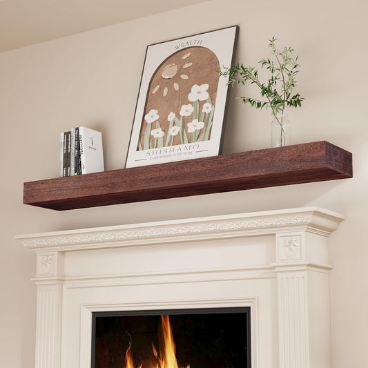 SAUMONIERES Fireplace Mantel Shelves 72 Inch Solid Wood Wall Mounted Long Floating Shelf Hollow, Brown