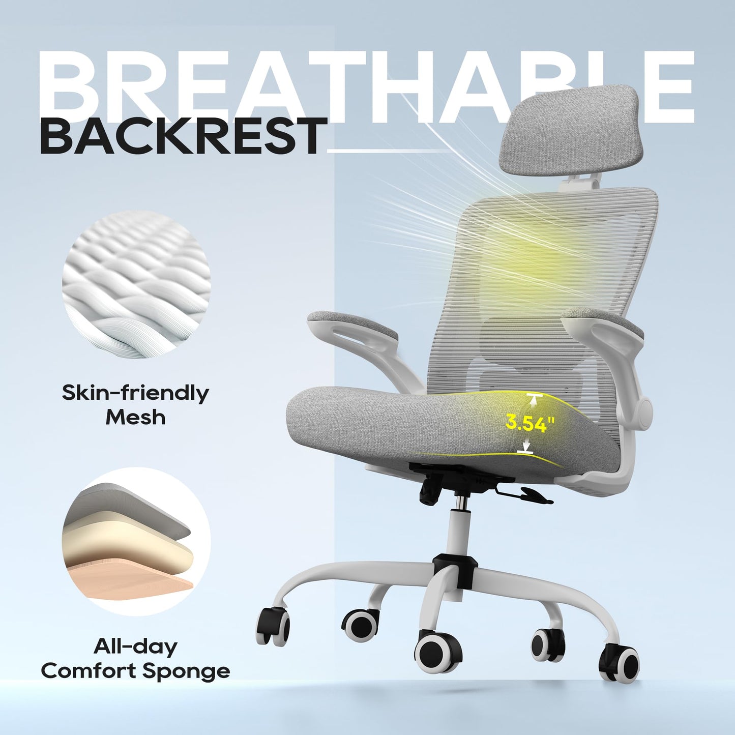 Ergonomic Office Chair, High Back Mesh Office Chair with Adjustable Lumbar Support, Flip-Up Armrests, Swivel Computer Desk Chair for Home Office