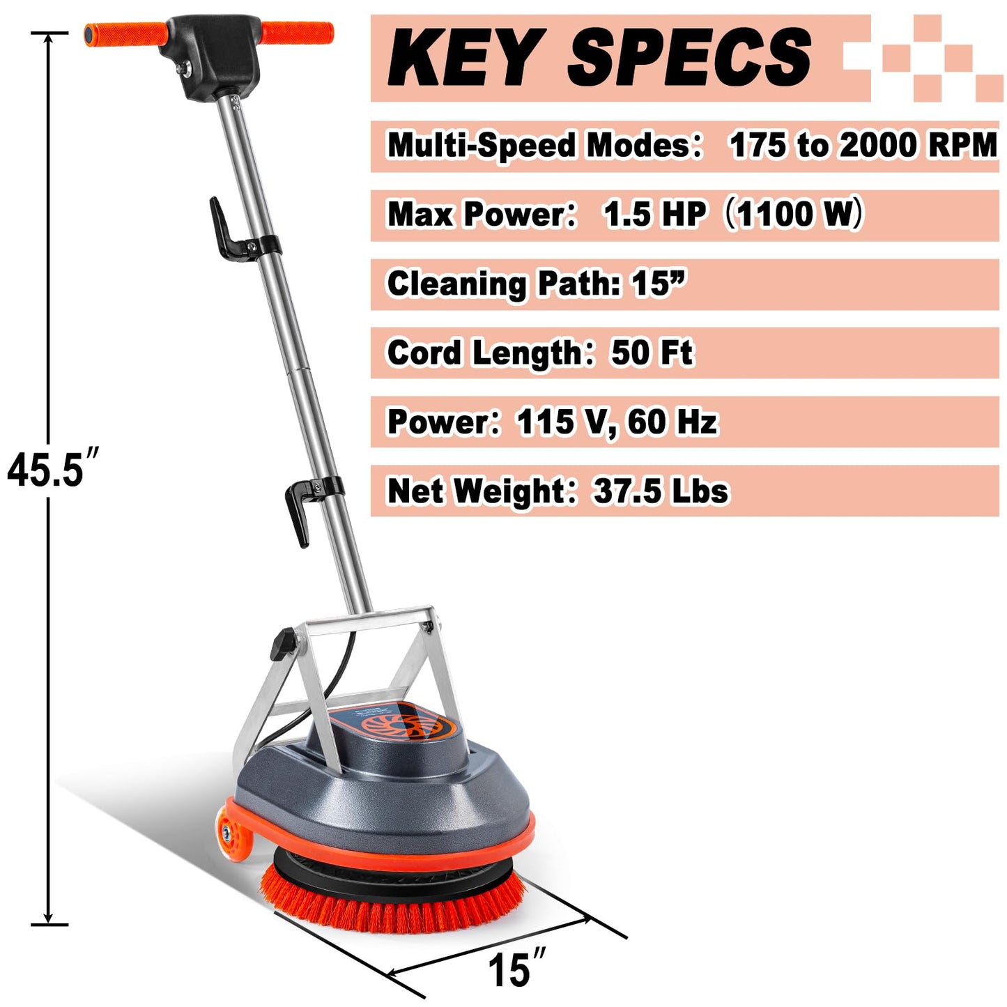 HHQ 15" Floor Buffer Machine, Commercial Floor Scrubber Machine with Brushes and Pads, Heavy Duty Floor Cleaner and Polisher- Deep Clean and Polish Your Floors with Ease