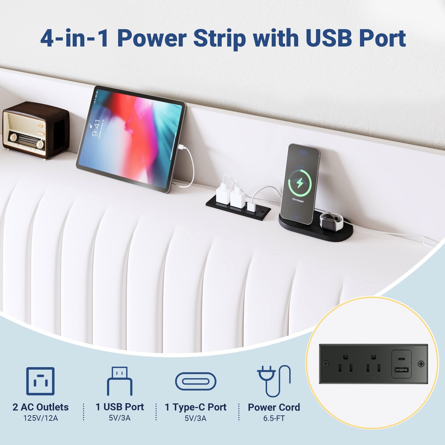 Allewie King Size Platform Bed Frame with USB Charging Station and Storage Shelf/Upholstered Velvet Wingback Headboard/Wooden Slats Support/No Box Spring Needed/Easy Assembly, White
