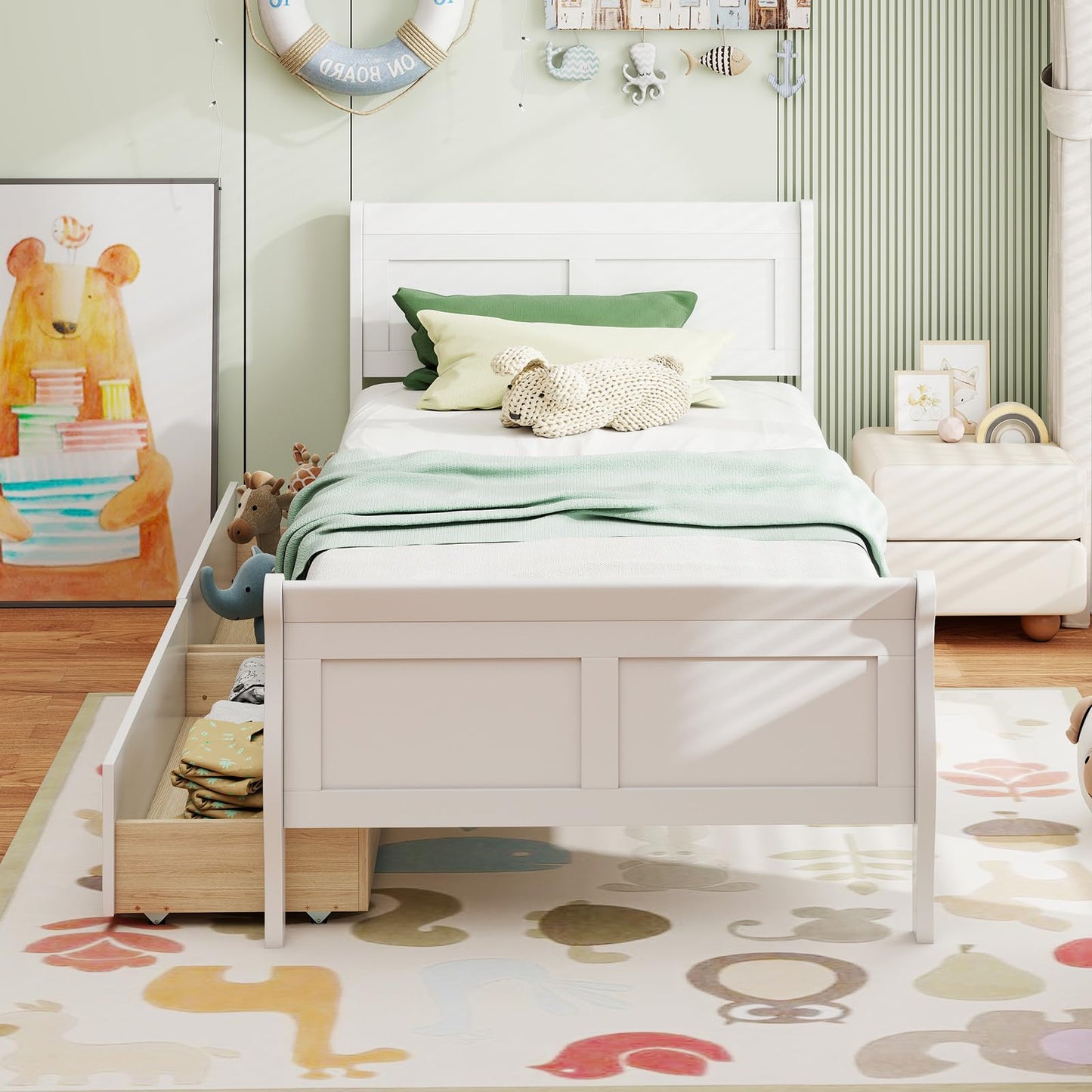 Giantex Twin Bed with 2 Storage Drawers, Wood Platform Bed with Headboard & Footboard, Wooden Slats Support Mattress Foundation, Twin Bed Frames for Kids Teens Adults, No Box Spring Needed (White)