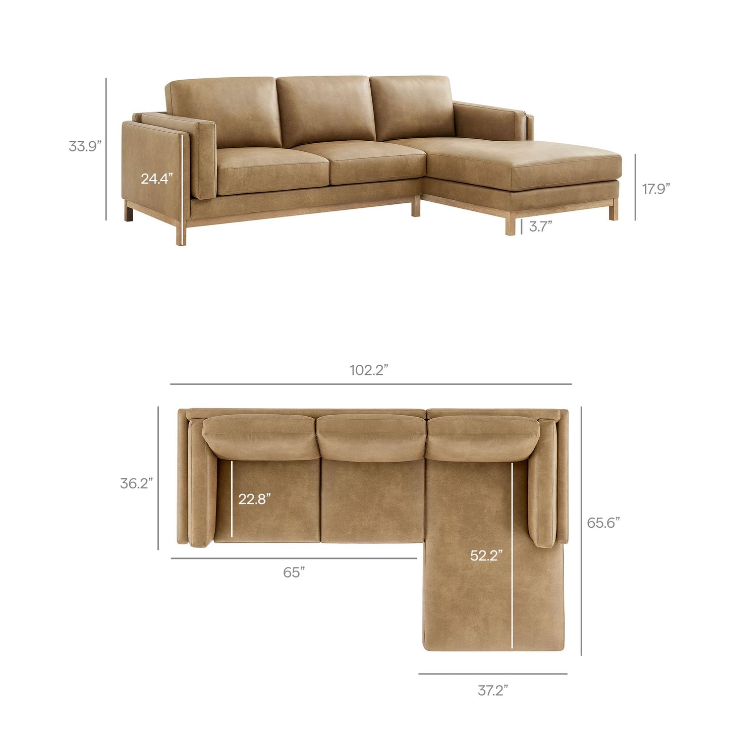 Modway Roscoe Right-Facing Sectional Sofa with Chaise in Toast - 2-Piece Faux Leather Upholstered Deep Seat Couch, L Shaped Modular for Living Room or Lounge