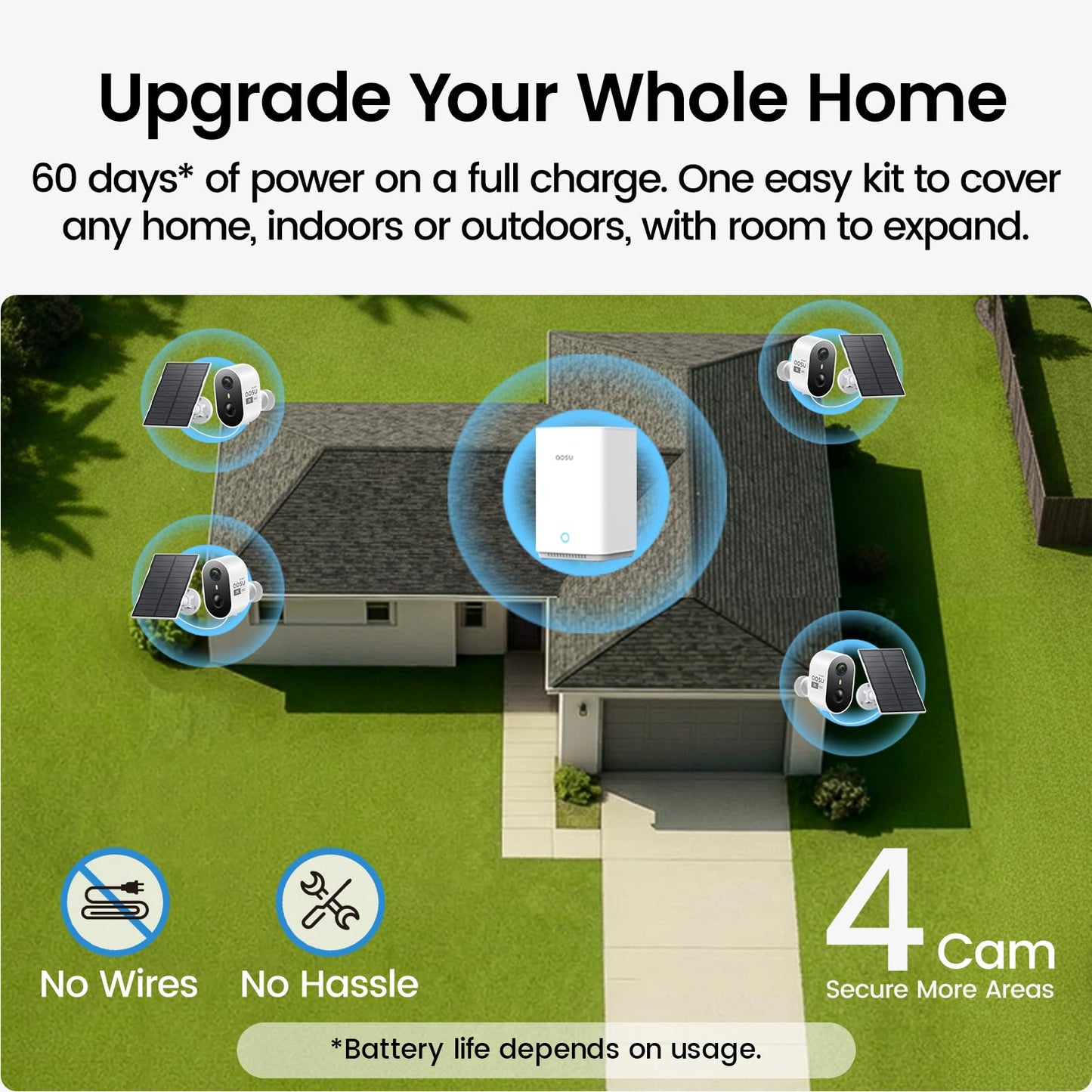 aosu Solar Security Cameras Wireless Outdoor, 2K HD Home Security Camera System, PIR + AI Human Detection, Color Night Vision, Easy to Set Up, Local Storage, No Subscription Required, 4-Cam Kit