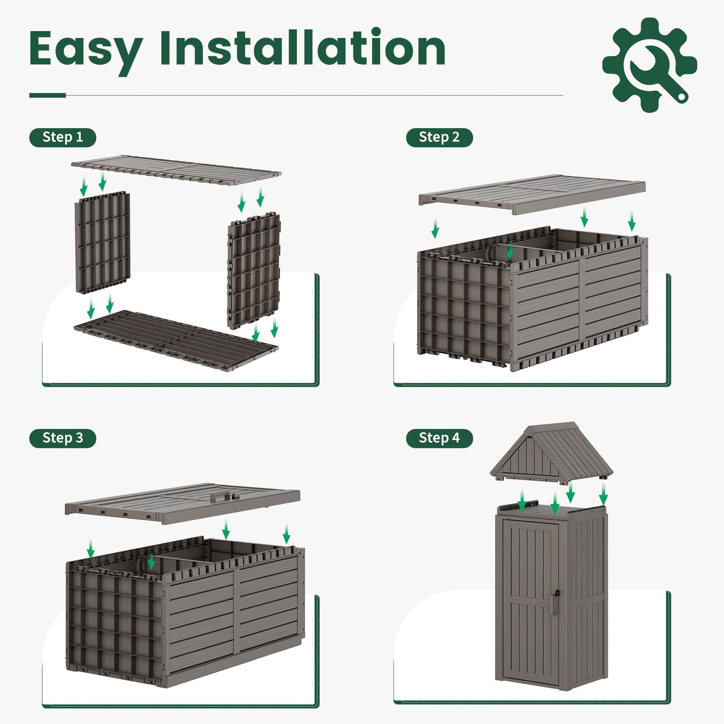 Bifanuo Deck Box Storage Shed Outdoor Storage Cabinet, Vertical Waterproof Resin Material Plastic Shed with Removable Shelves, 12 Hooks and Lock Ring for Garden, Pool and Patio (Grey)